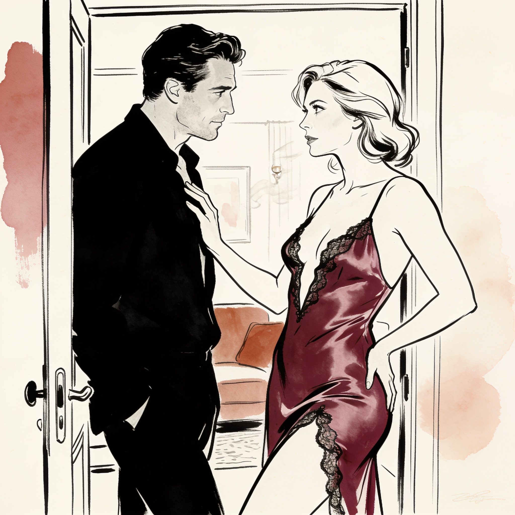 A woman in a silk slip touches a man's chest in a doorway, their gazes locked.