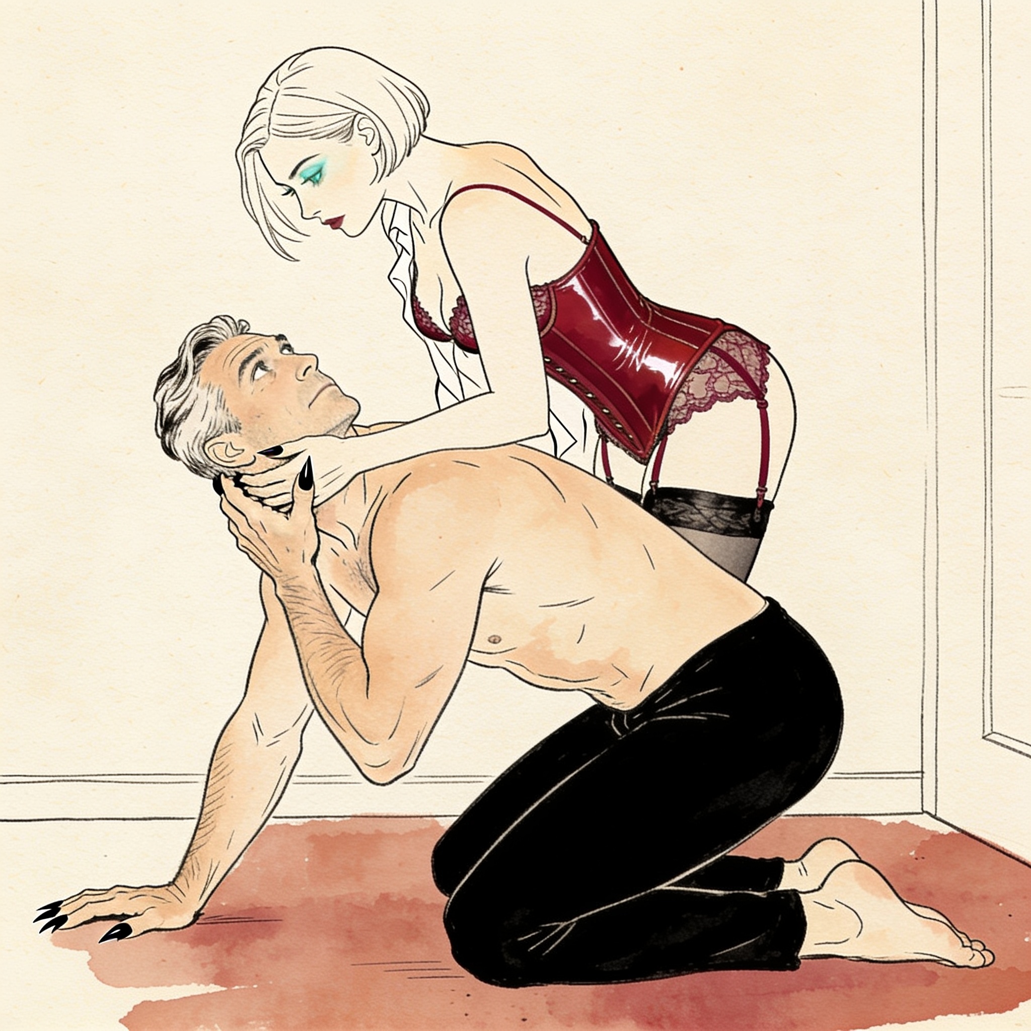 Person on knees, chin held by a figure in red latex, looking up with intense submission.
