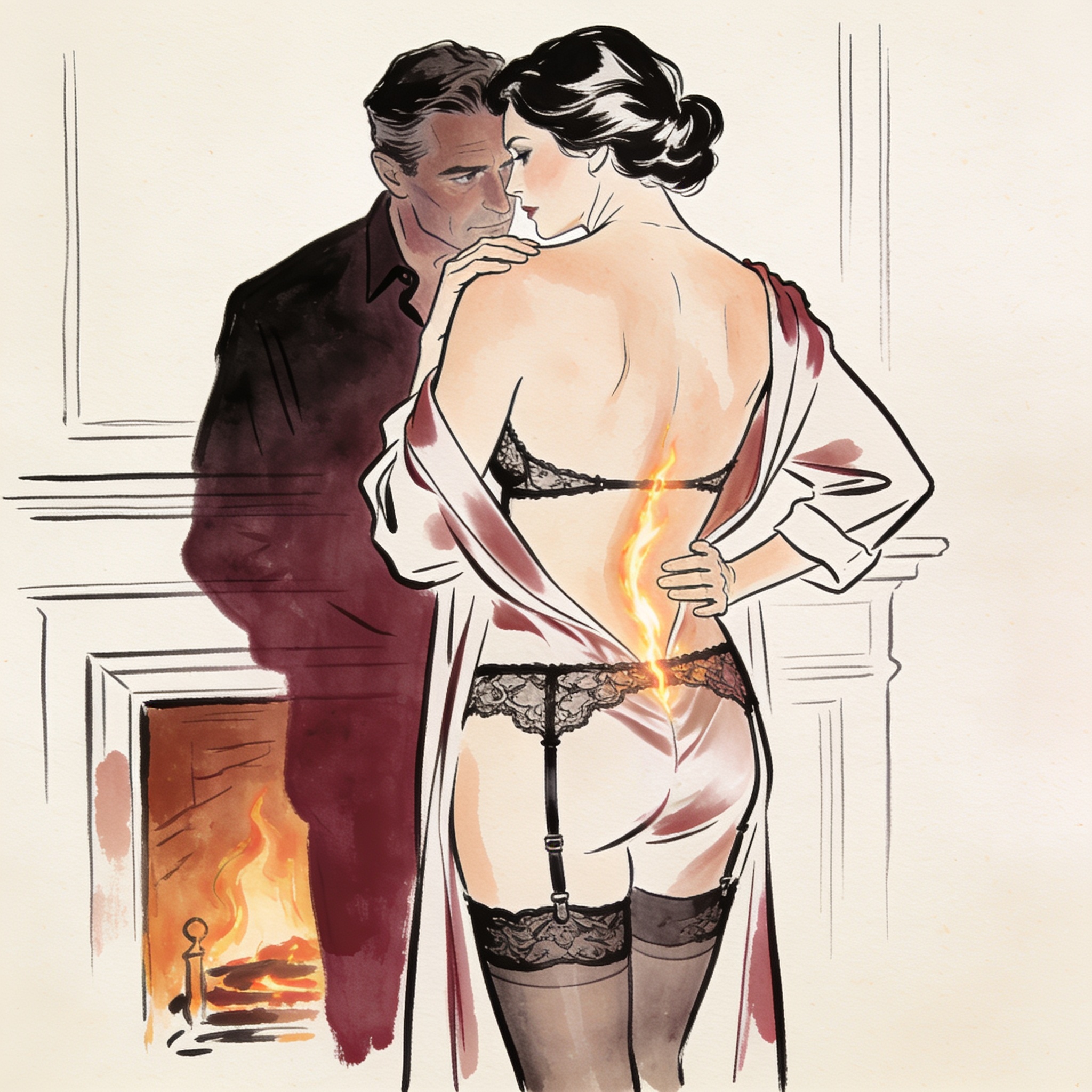 A woman's bare back in a backless dress, garter belt straps visible, facing a fireplace.