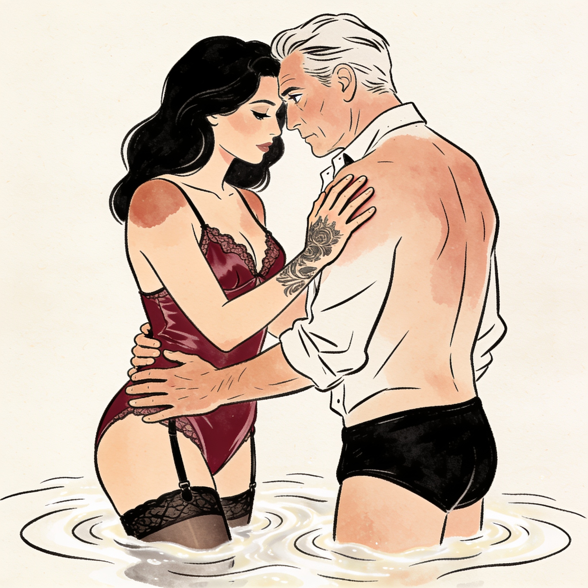 A hand guided underwater touches a man's arousal through shorts across a hot tub.