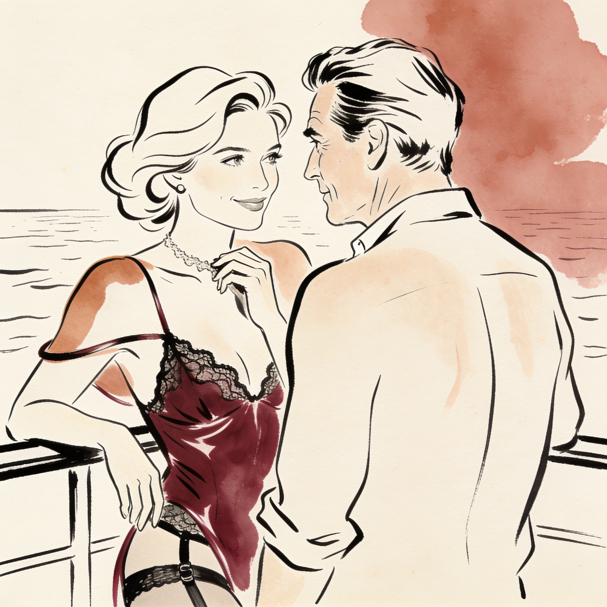 A woman in a silk slip returns a man's gaze across a ferry deck, tension in their silen...