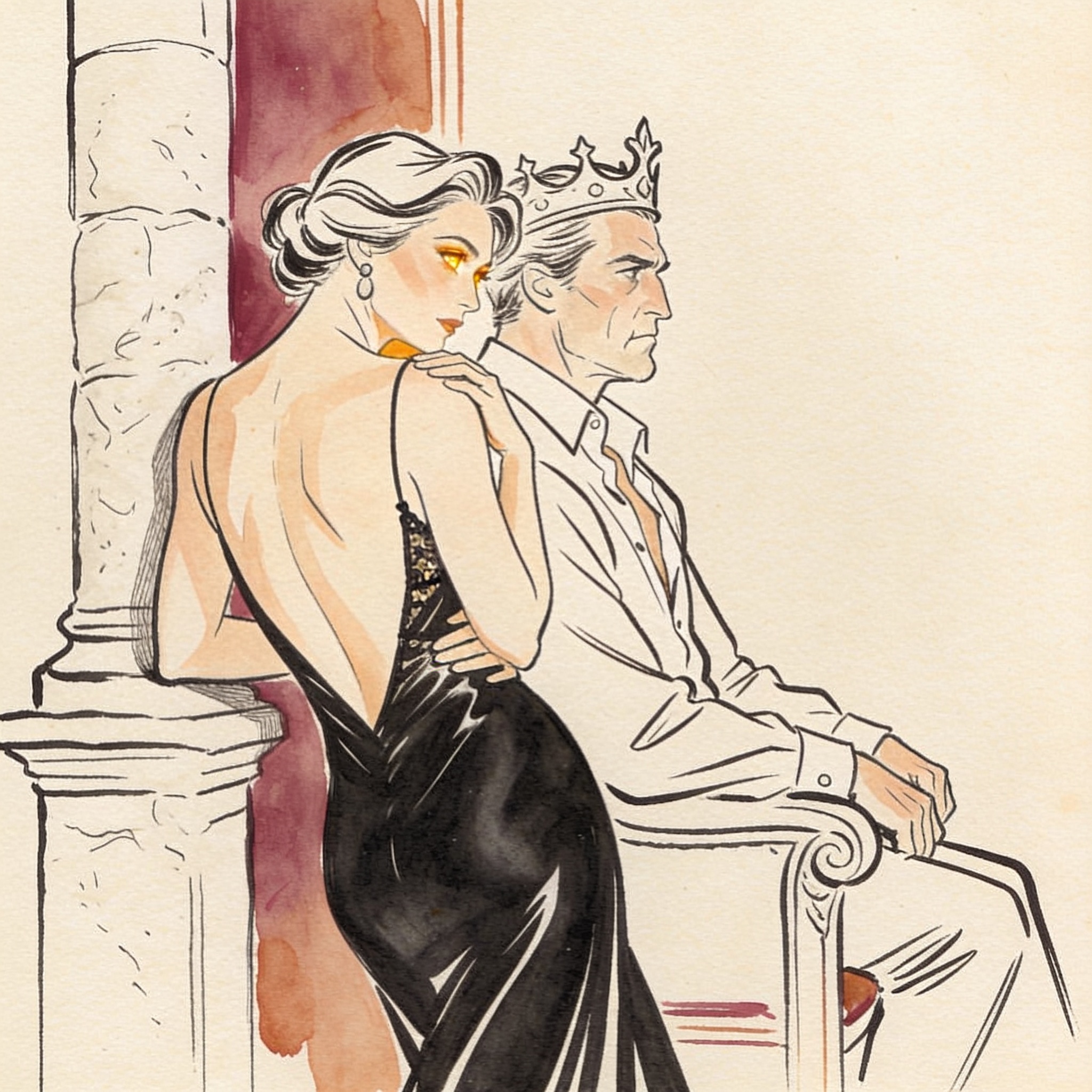A woman in a revealing gown watches intensely as a bearded king refuses to look at her.