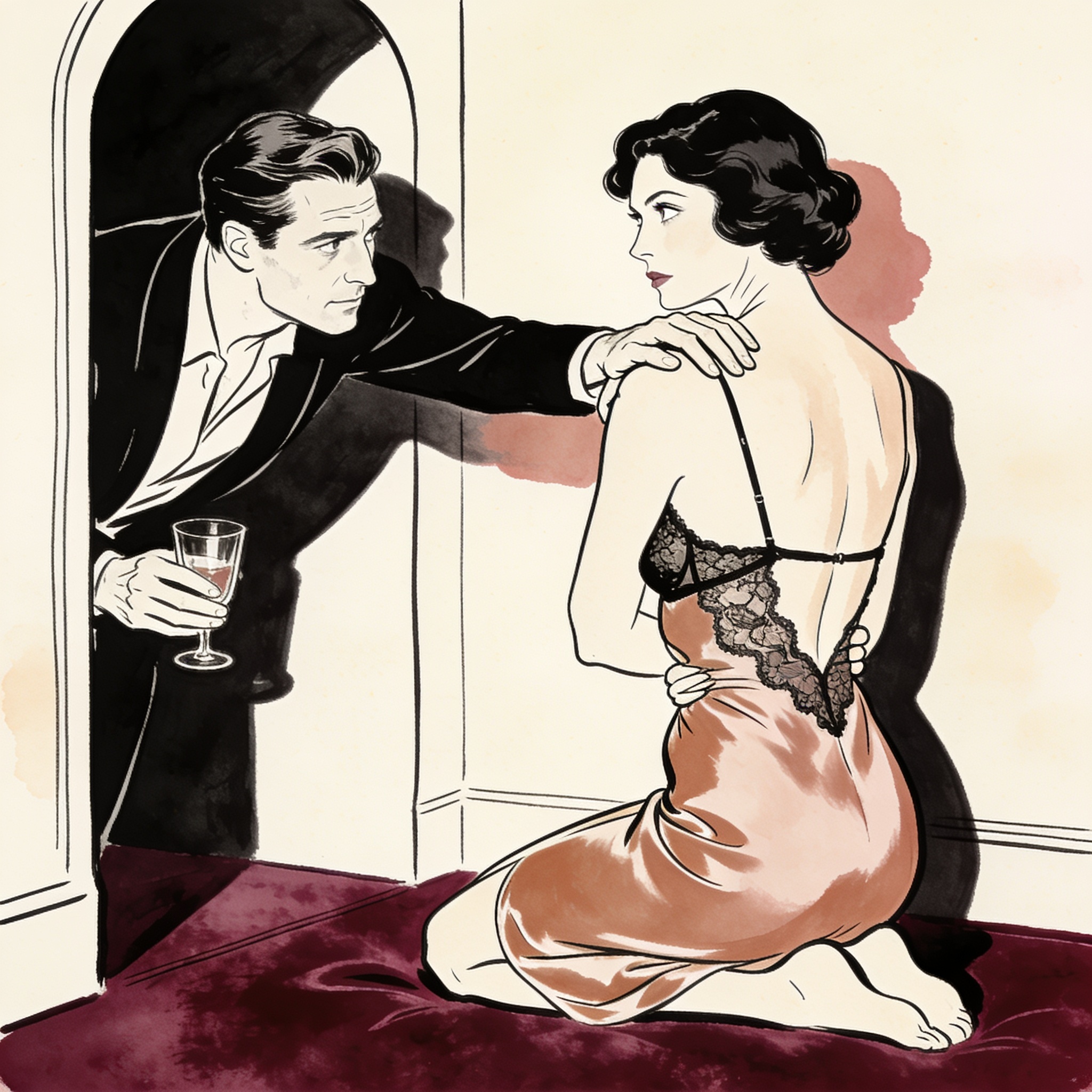 A woman in lingerie kneels, looking back at a stranger while her husband watches.
