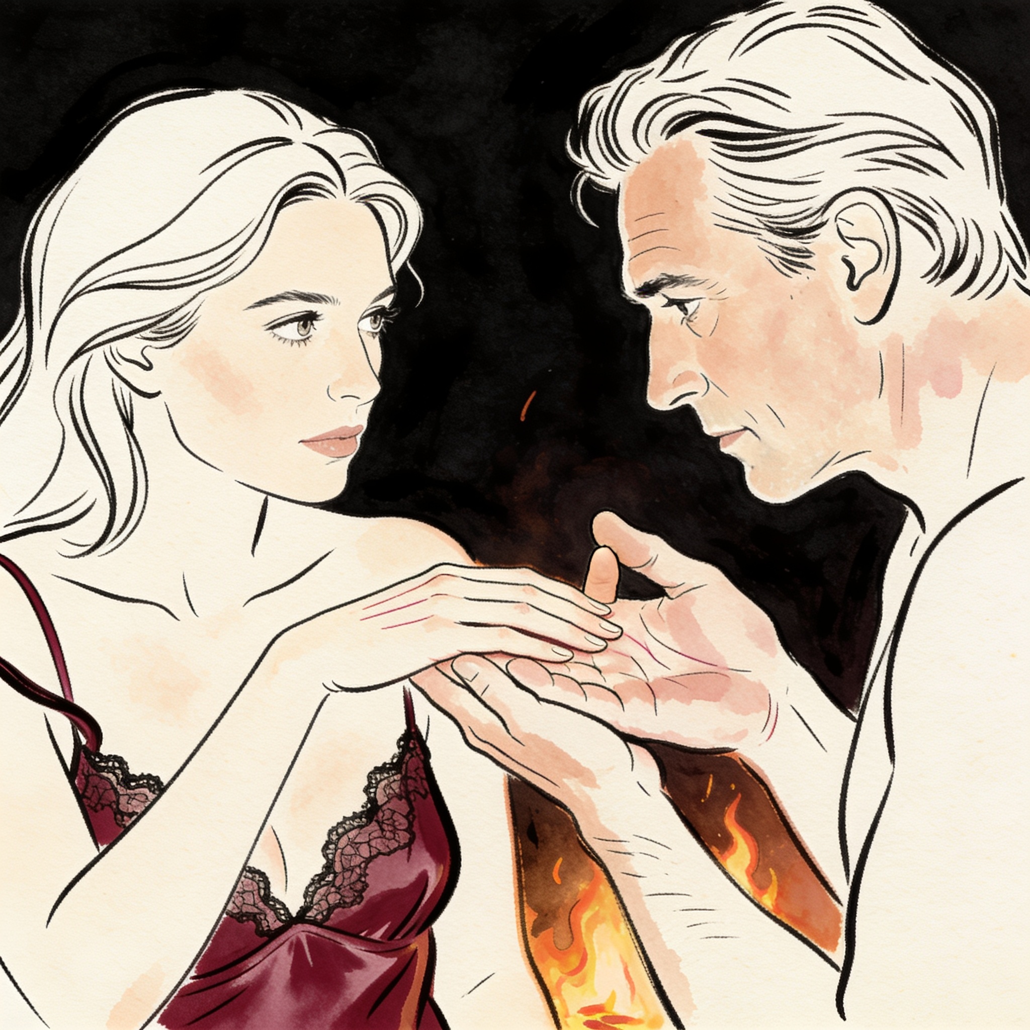 A man tenderly holds a woman's scarred hand near a fireplace, her slip strap off her sh...