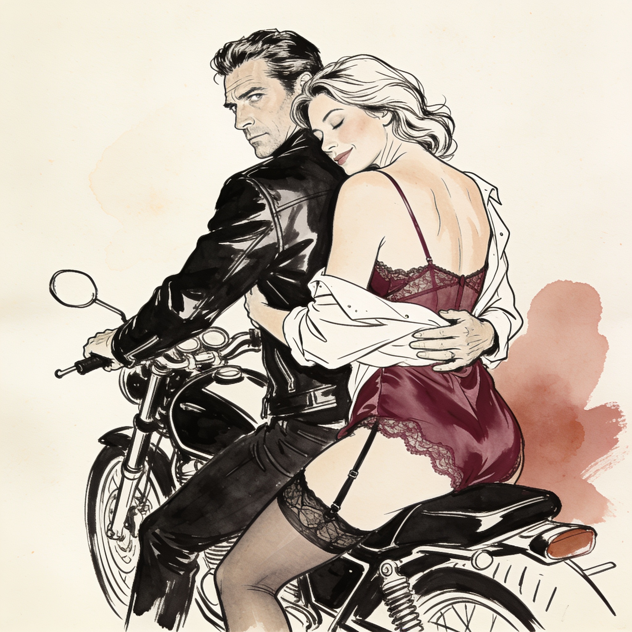 A woman holds a man close on a motorcycle at sunset, both lost in a quiet, charged moment.