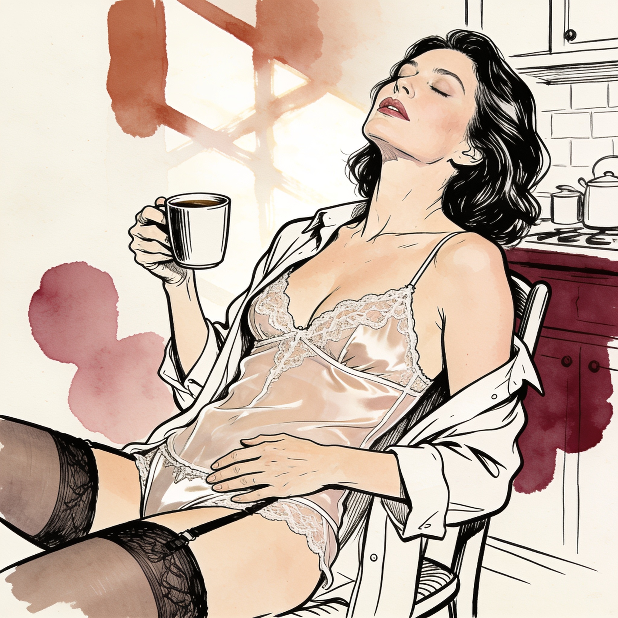 Woman in lace camisole, eyes closed, hand on her stomach in a sunlit kitchen.