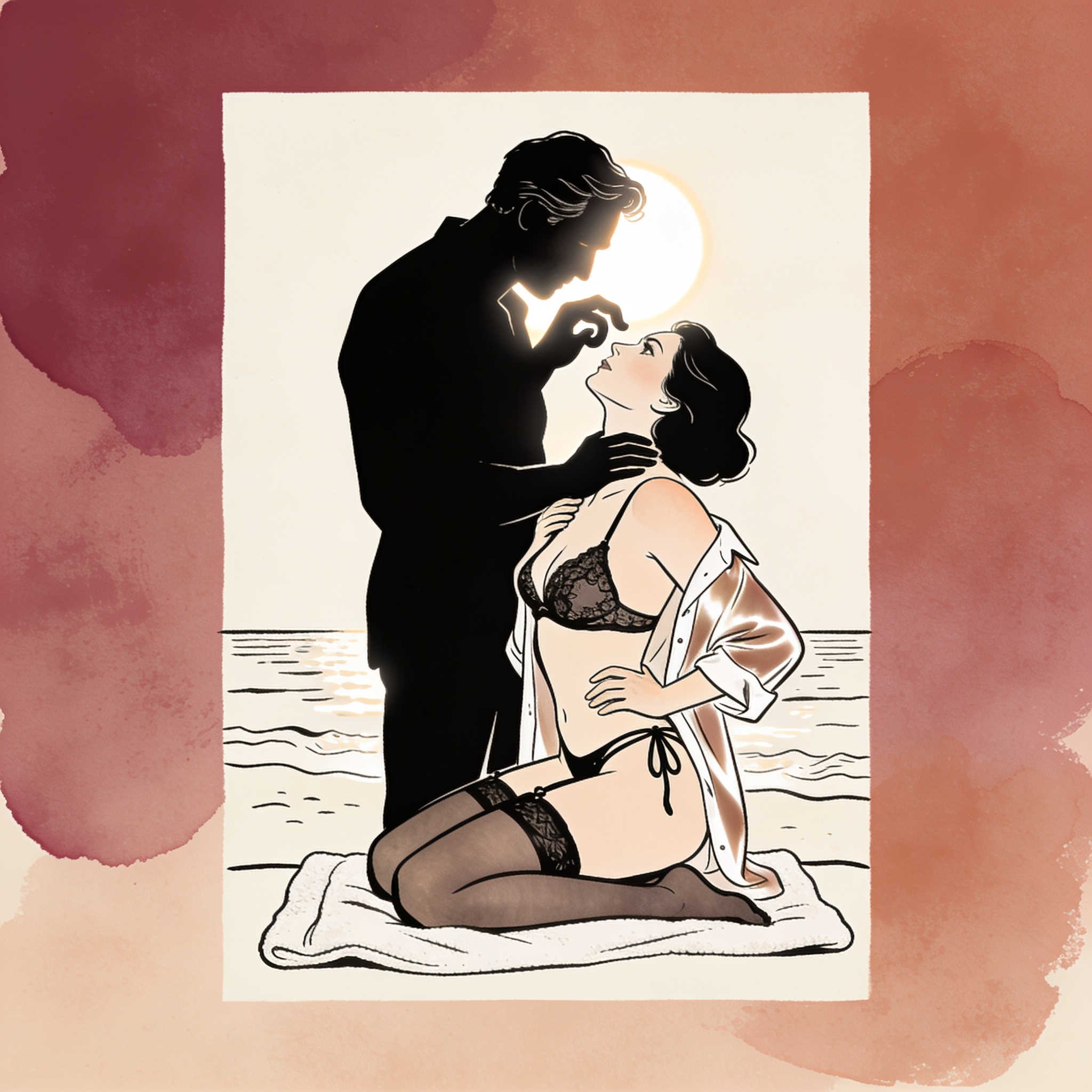 A man lifts a woman's chin on a beach, their gazes locked in desire.