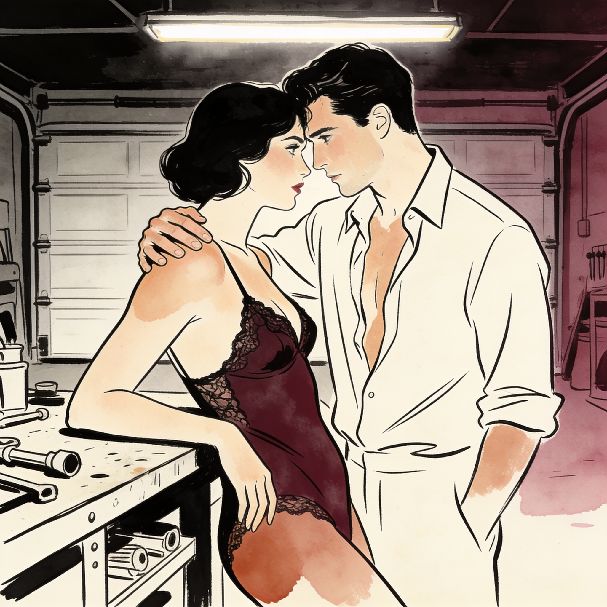 Two figures in intimate, charged tension in a dim garage.