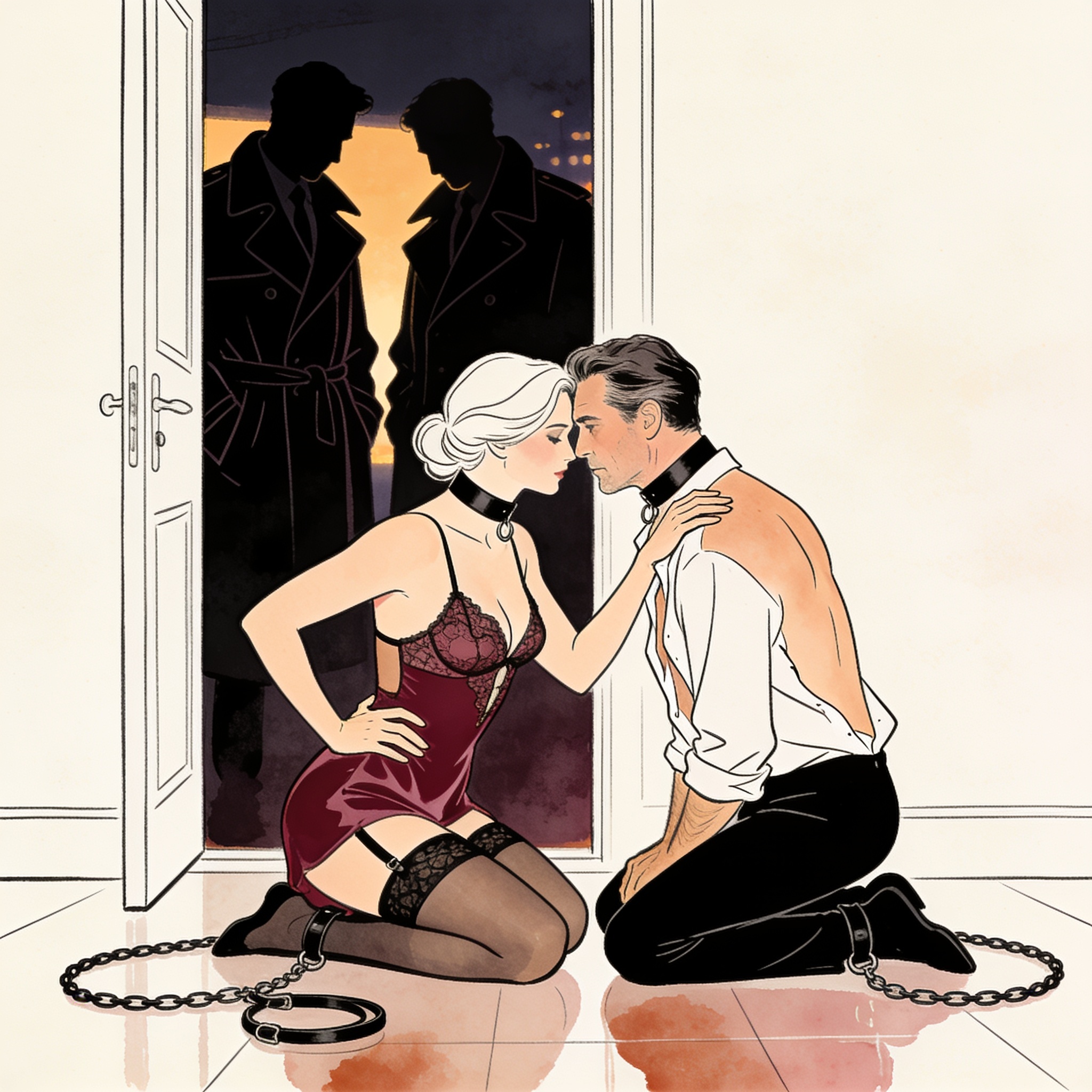 A couple kneels in lingerie, leashes at their feet, as two figures in coats watch from ...