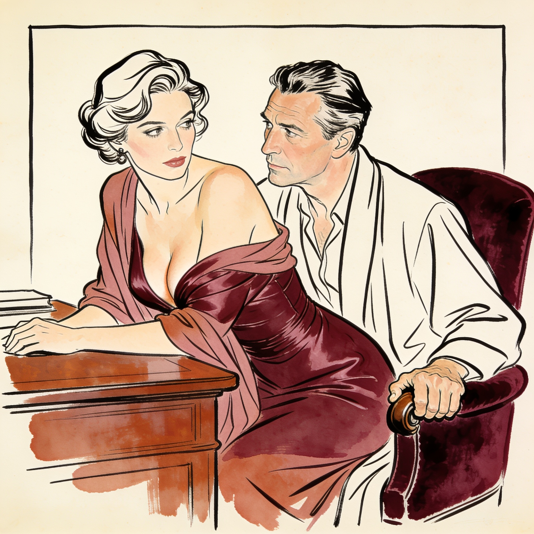 Therapist leans forward in her office, a man gazing at her intently from a velvet chair.