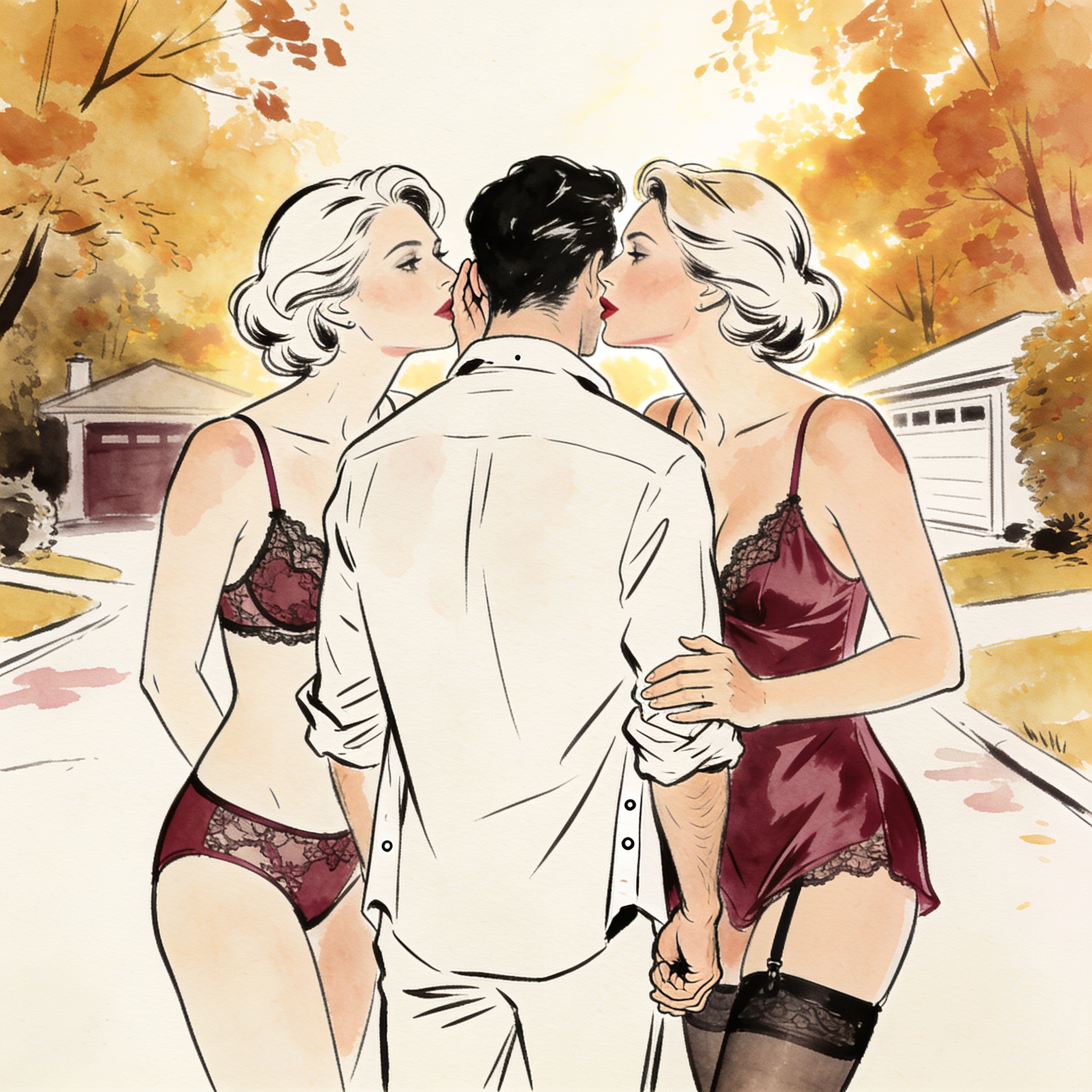 Two women whisper to a flustered man in an autumn driveway, charged with tension.