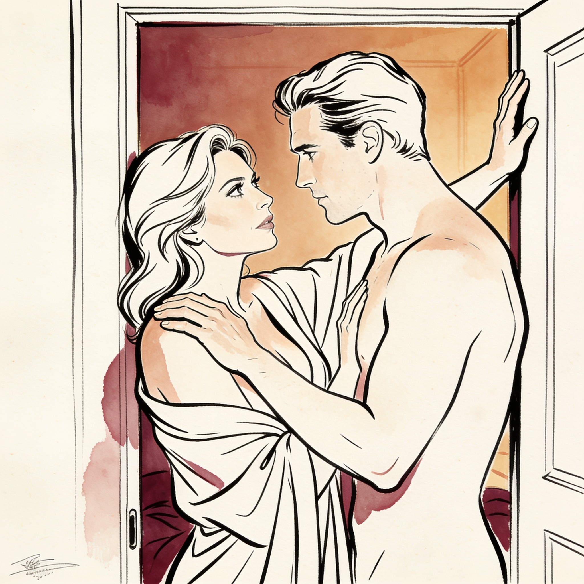 A woman leans against a man in a doorway, sharing a charged look with her friend outside.
