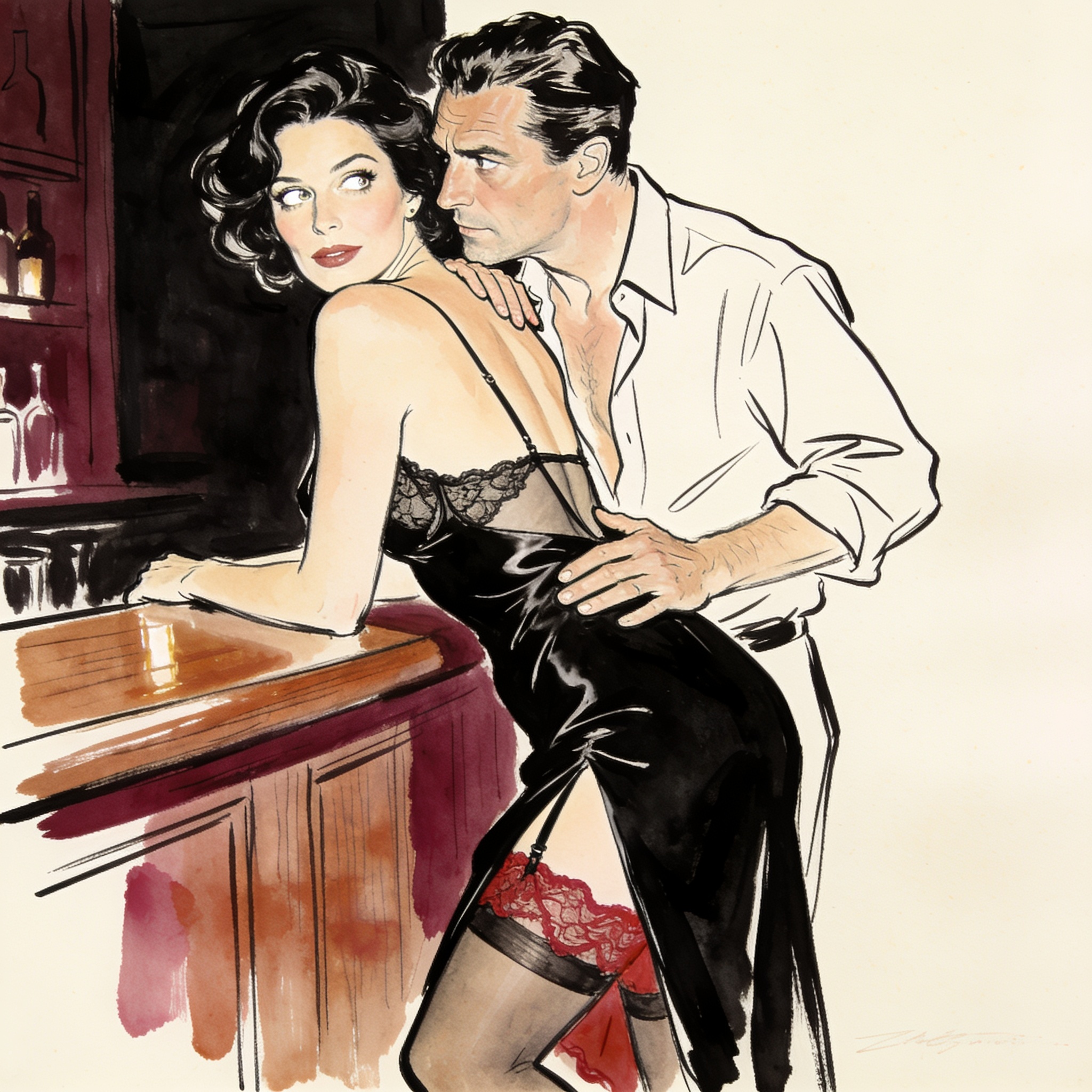 Woman in bar reveals crimson lingerie, catching a man's intense gaze.