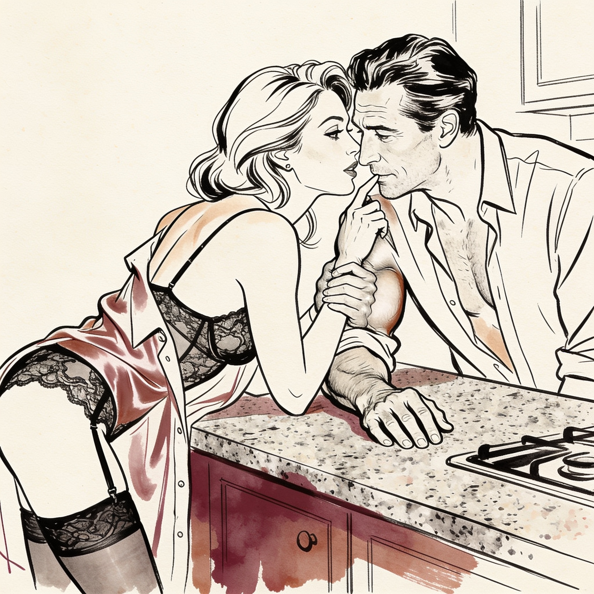A couple in a modern kitchen, intimate gaze, her finger tracing his arm.
