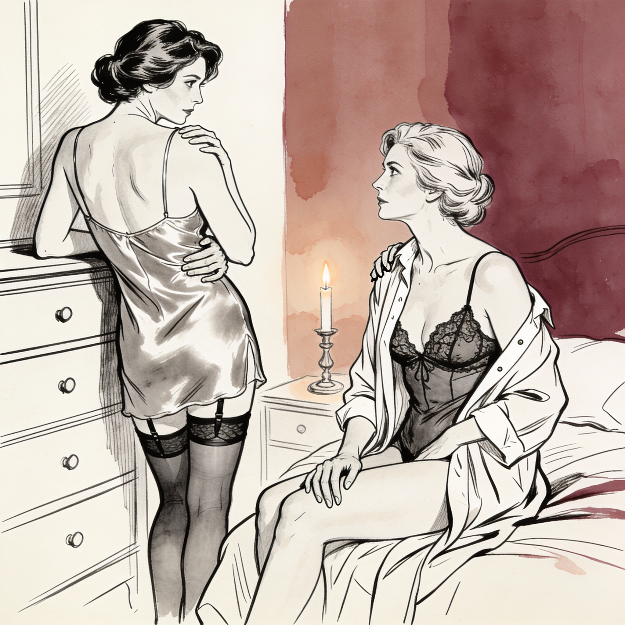 Two women share an intimate, longing gaze in a dimly lit bedroom.