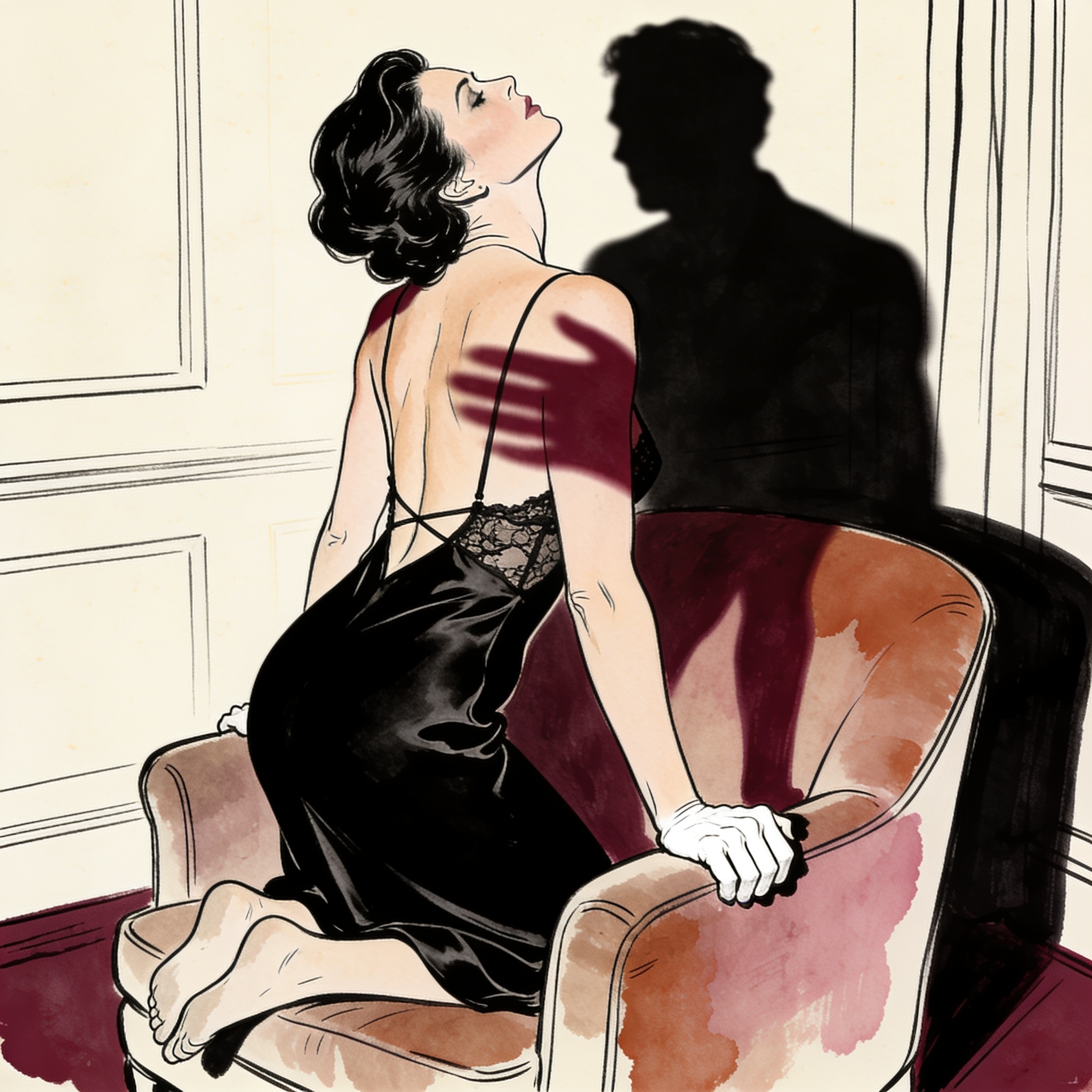 A woman in a black silk slip kneels, a man's shadow falls across her arched back.