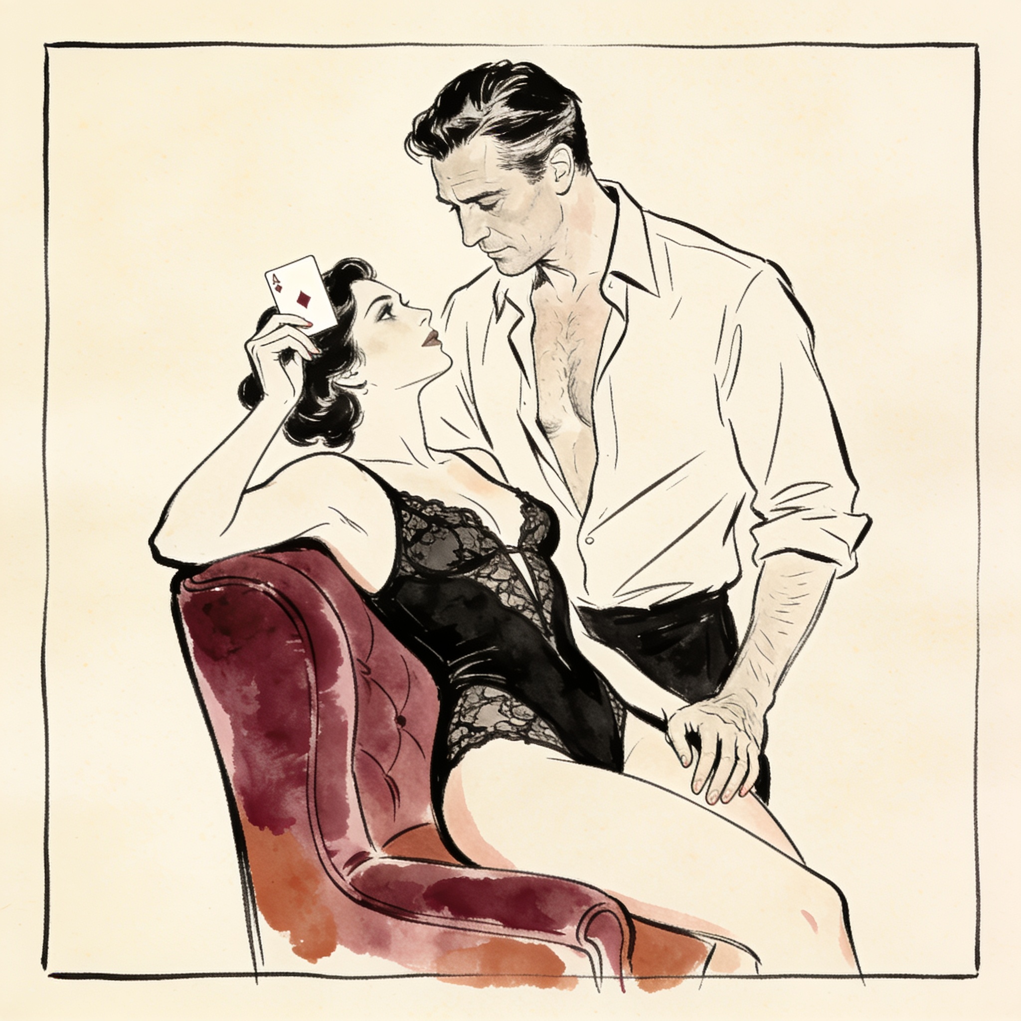 A couple in a hotel room share an intimate, tense moment during a card game.