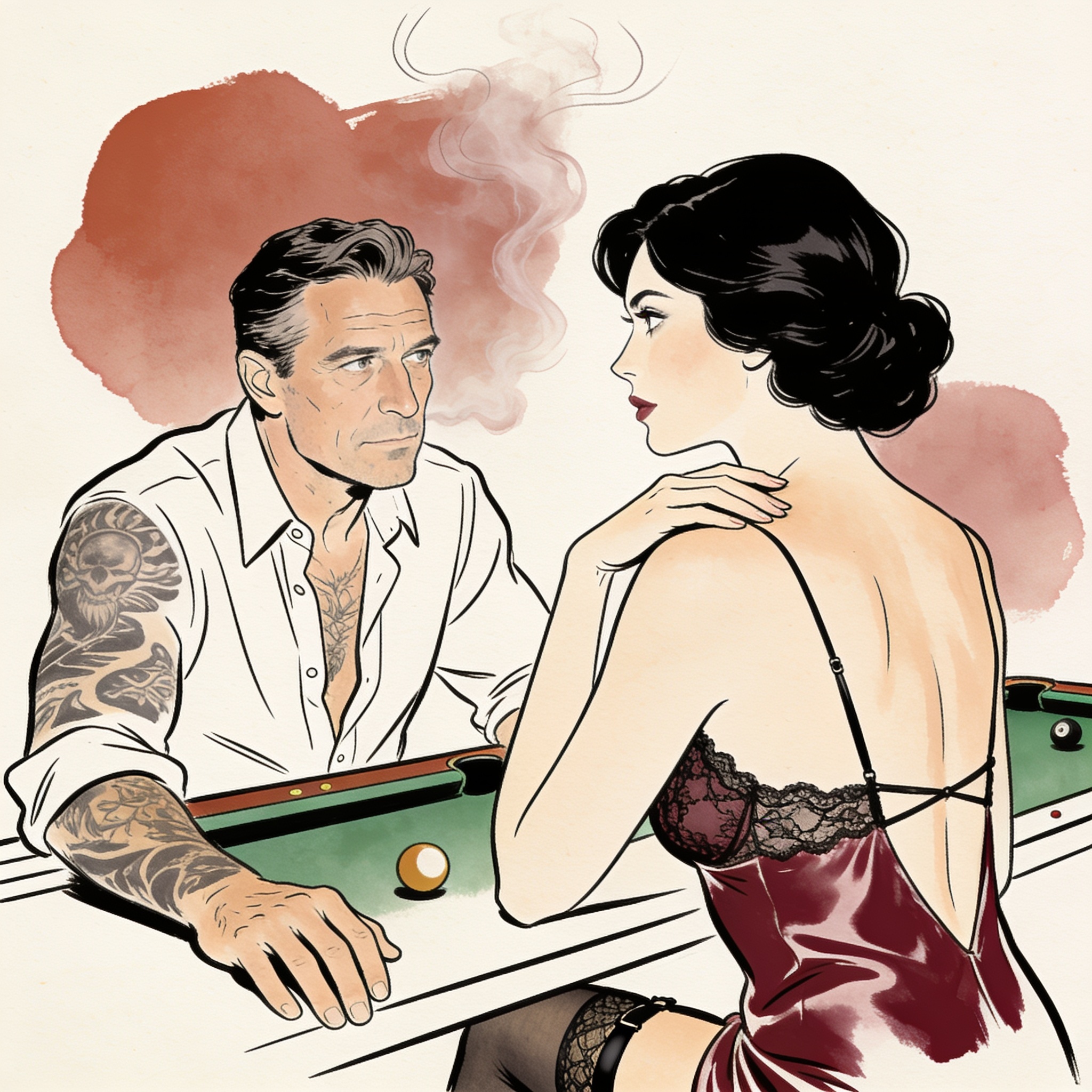 A woman in a silk slip locks eyes with a tattooed stranger as her husband watches from ...