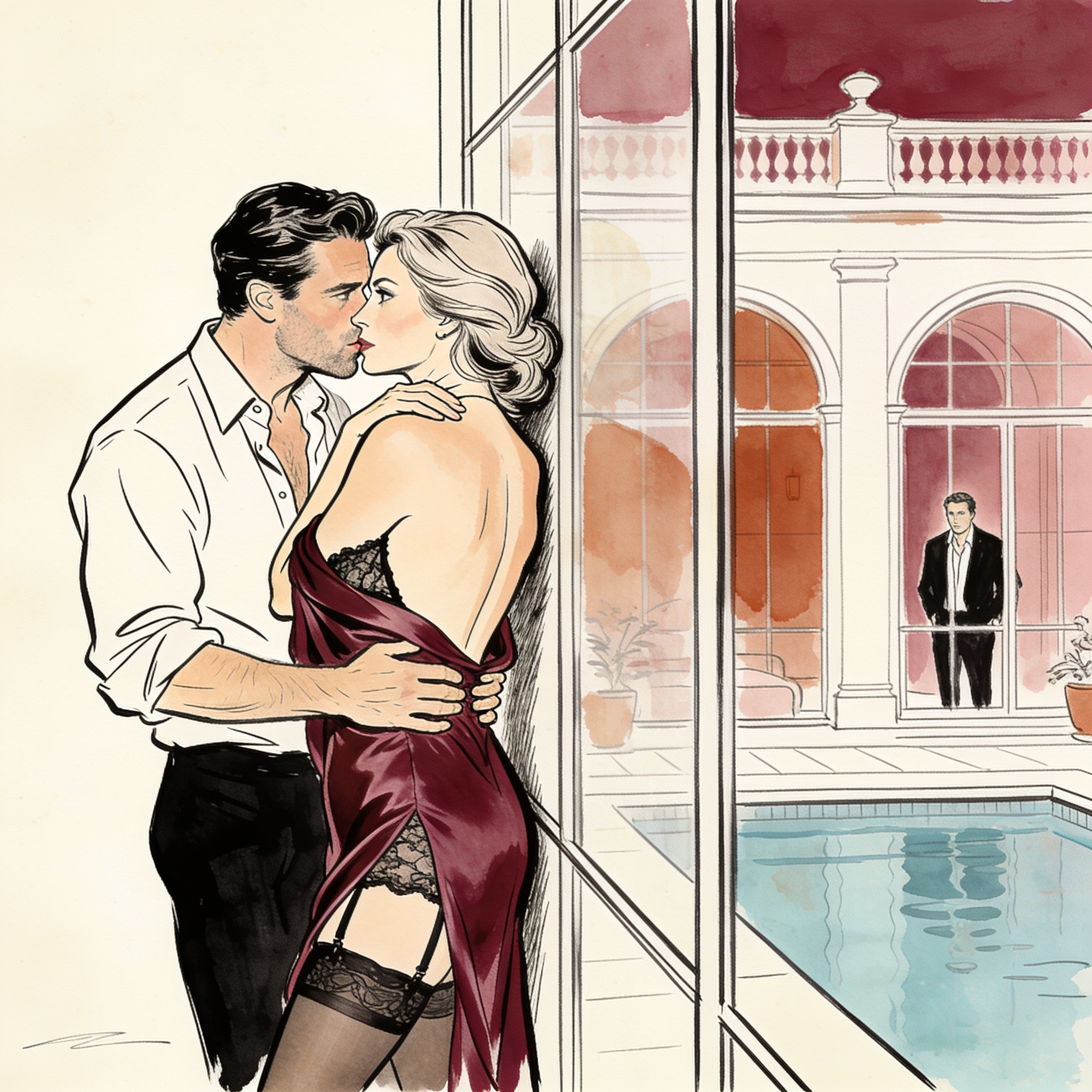 A couple embracing against a window, her gaze meets a watcher across the pool.