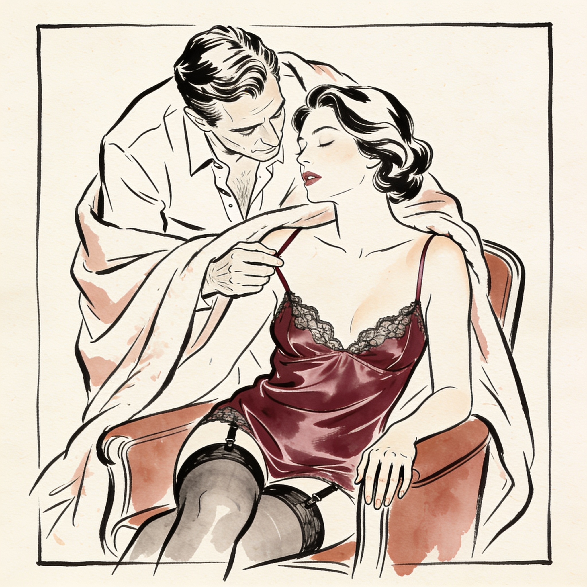 A man drapes a blanket over a woman's shoulders in a dim airplane cabin.