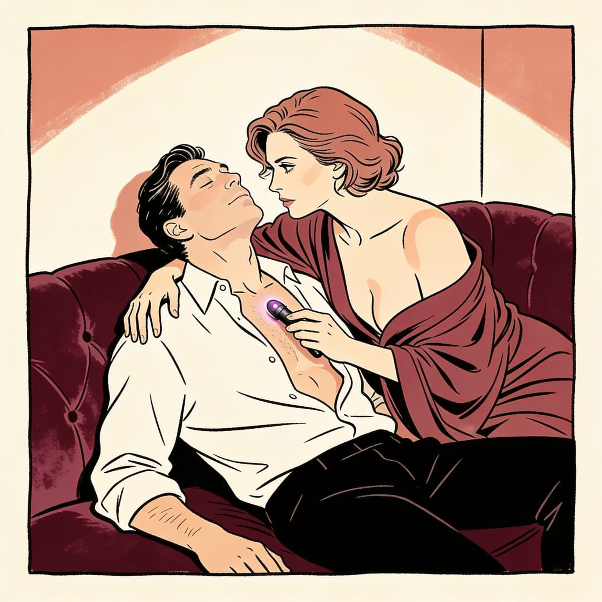 A couple in a private booth; she uses a vibrator under his shirt as he leans back, over...