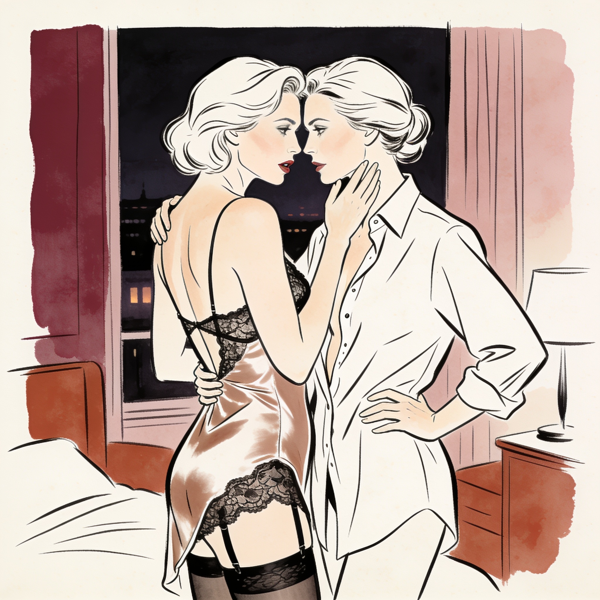 Two women in intimate apparel stand close, one cupping the other's face with a charged,...