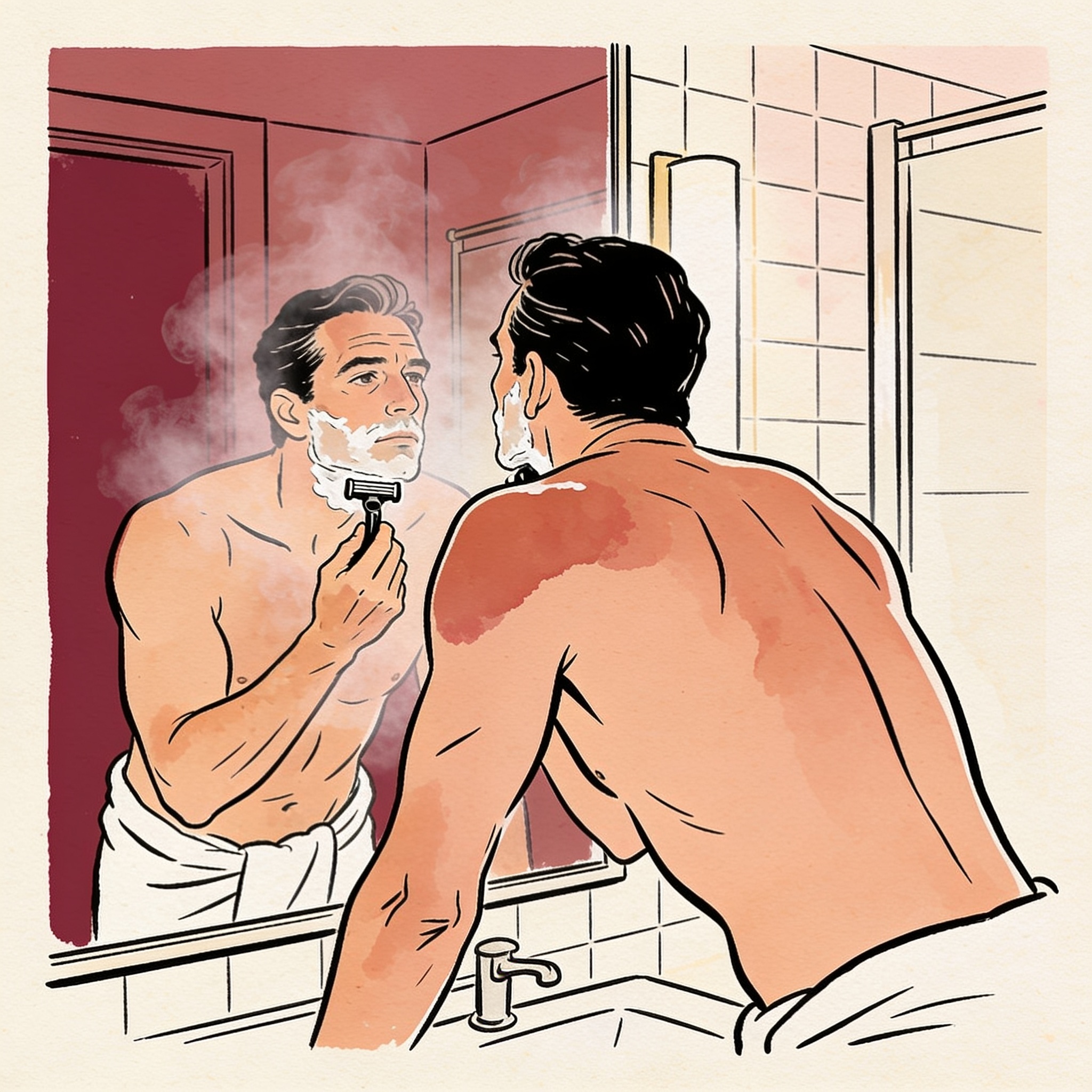 Man in a towel, razor in hand, reflected in a steamed mirror.