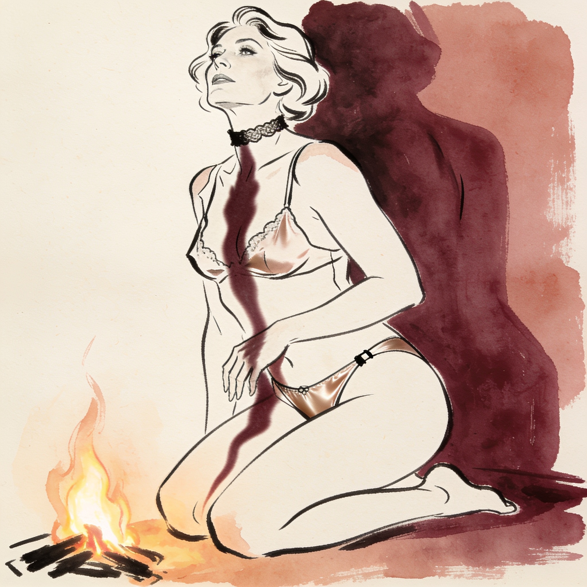A woman kneels, a shadowy hand tracing her collar and silk lingerie in firelight.