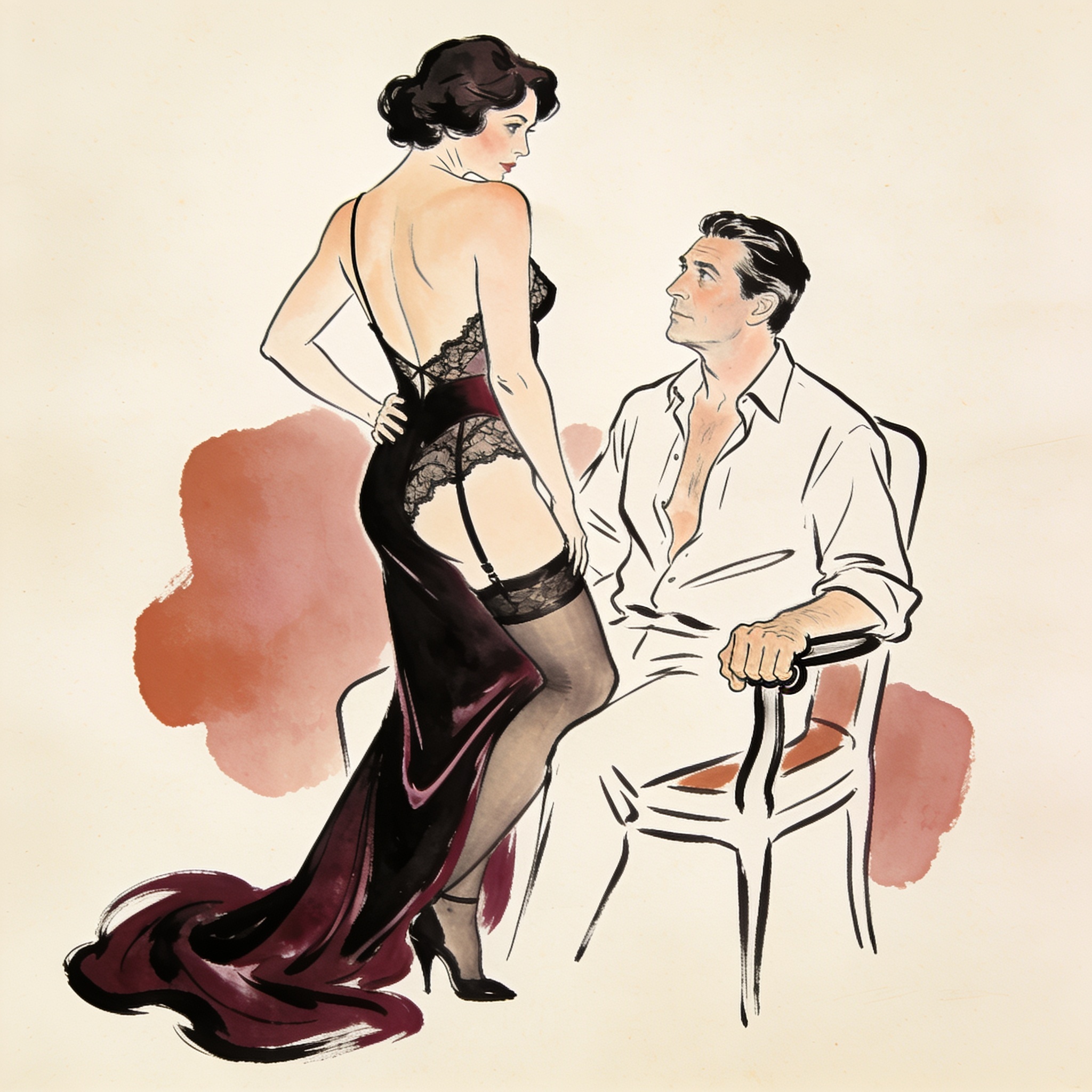 A woman turns from a seated man, her back bare, his hand almost touching her hip.