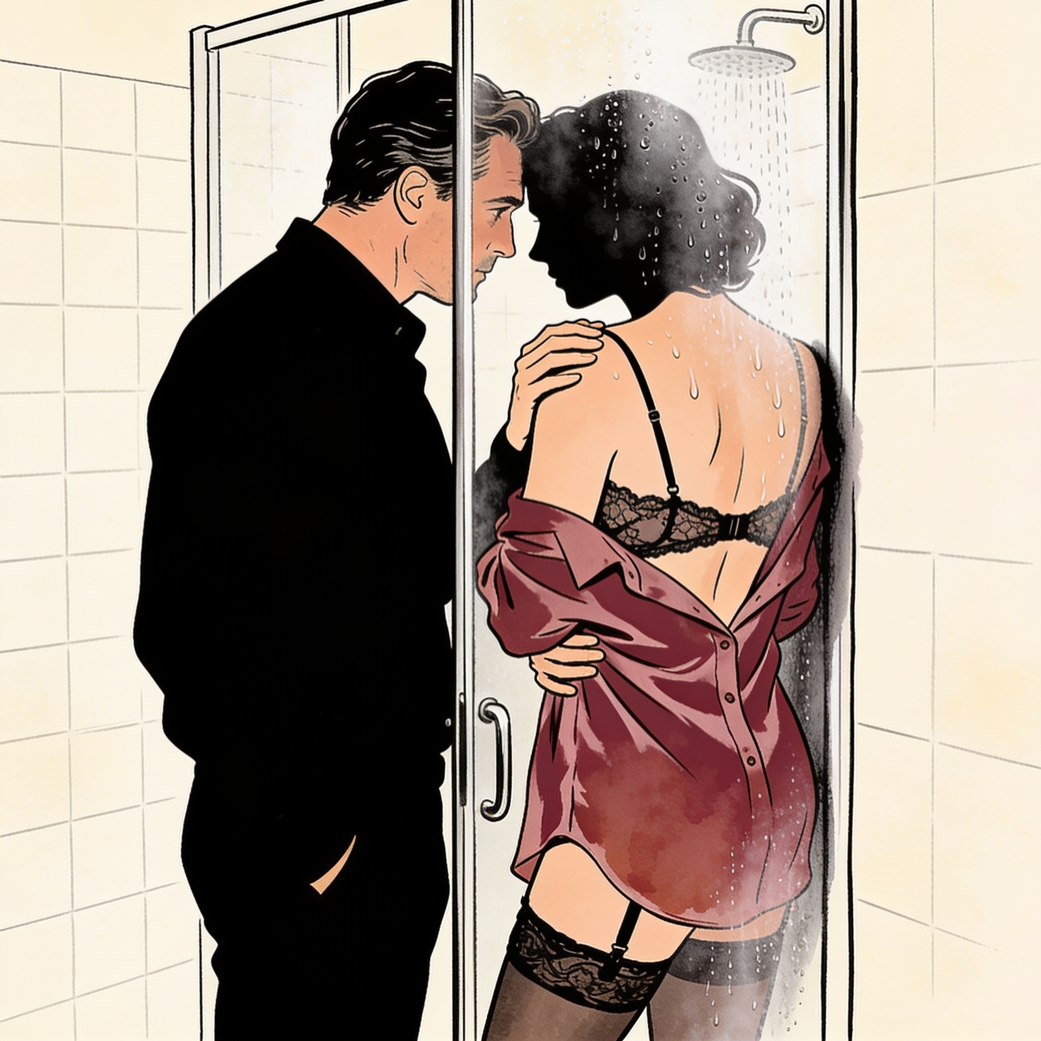 A man watches his wife's silhouette through a steamed shower door.