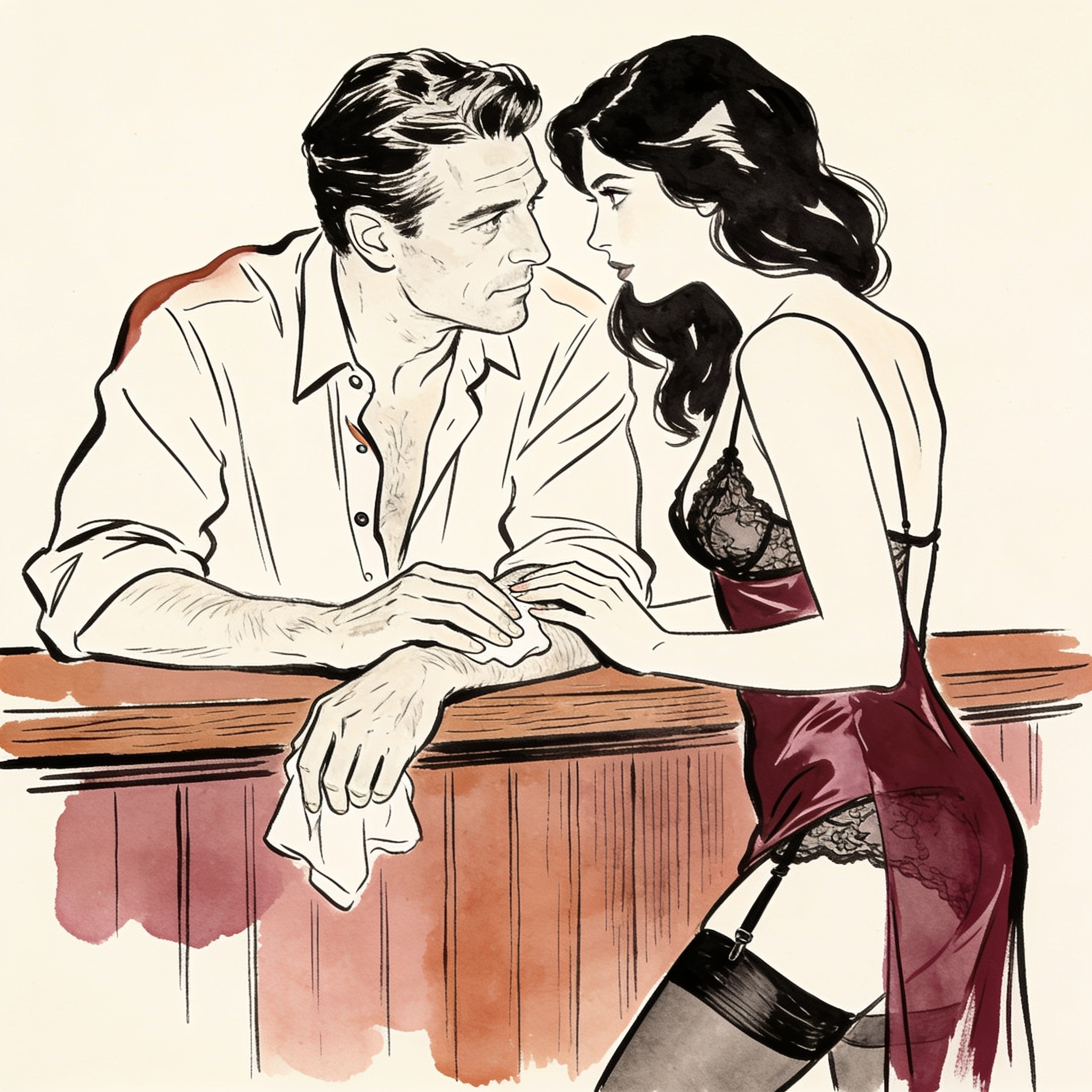 A man and woman exchange an intense, lingering look across a bar, her hand resting on h...