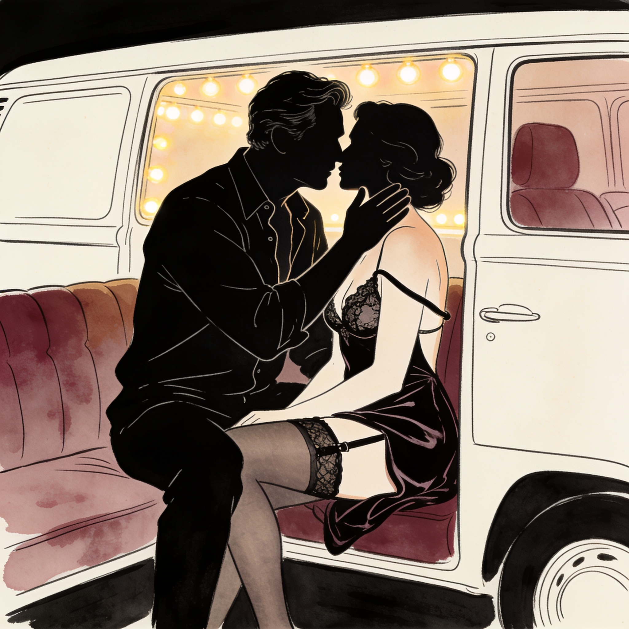 Two people almost kissing in the intimate glow inside a van.