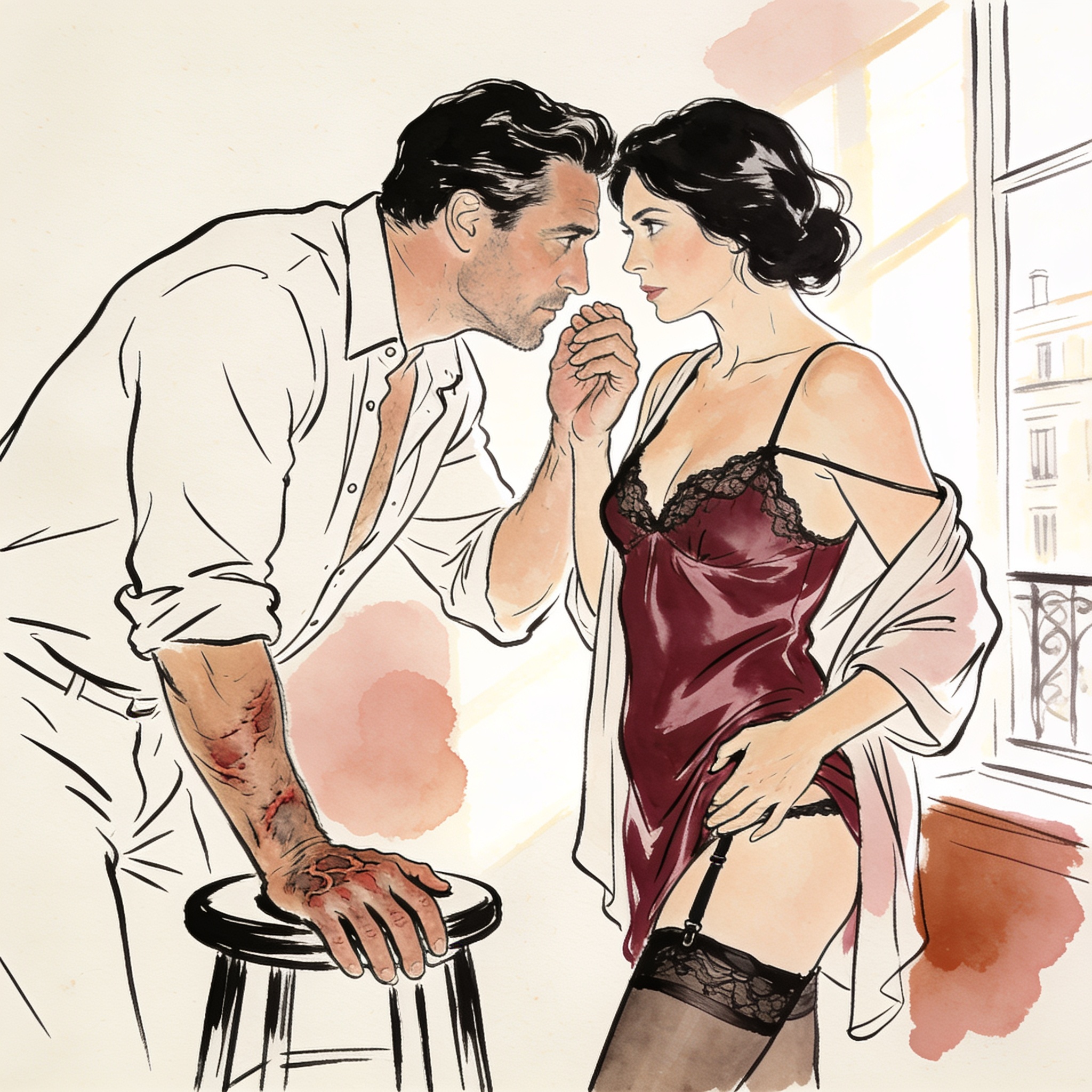 Man leans in close to a woman on a stool, her shoulder bared, tension in their charged ...