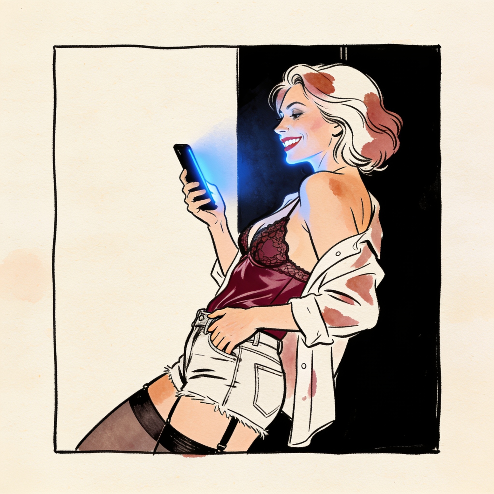 Woman smiling at her phone, hand on hip, lit by screen glow in dark room.