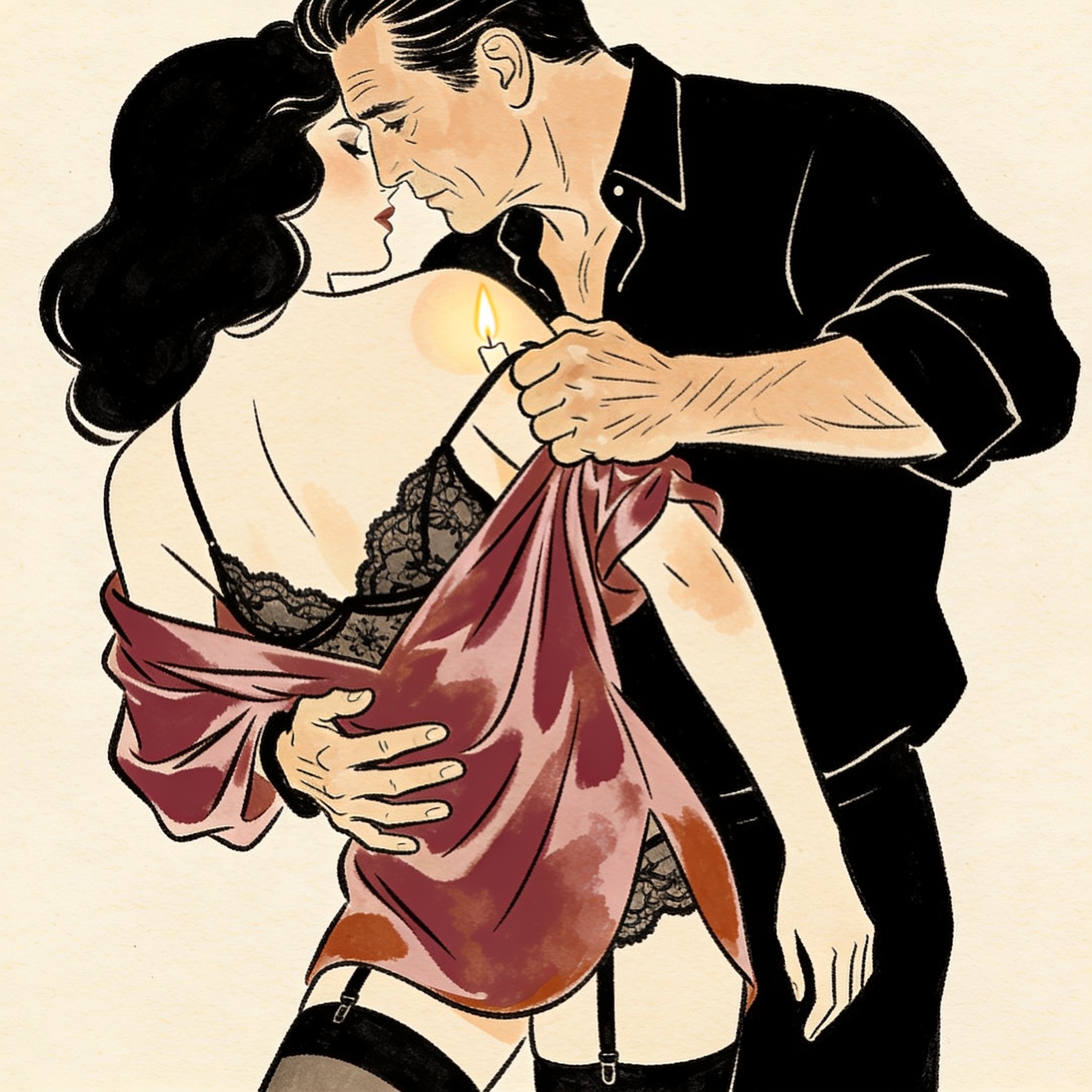 A man firmly pulls a woman's arm, her blouse slipping from her shoulder.
