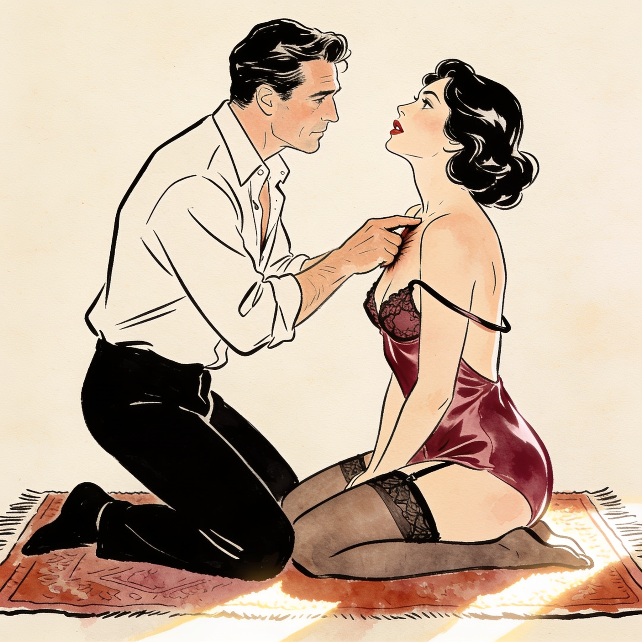 Man presses a finger to woman's chest as she looks up, her camisole strap slipping down.