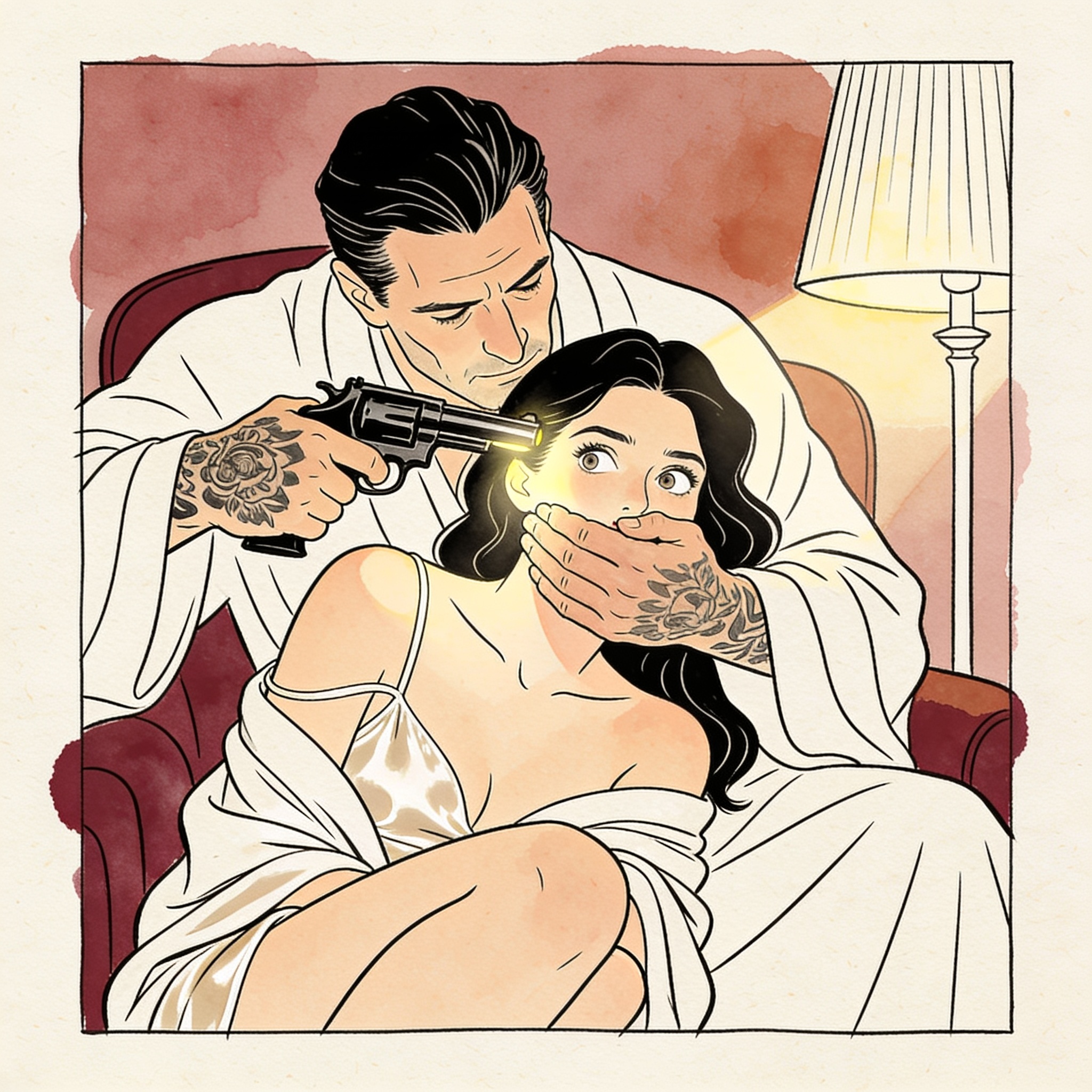 A man holds a woman in a chair, hand over her mouth and a gun to her head.
