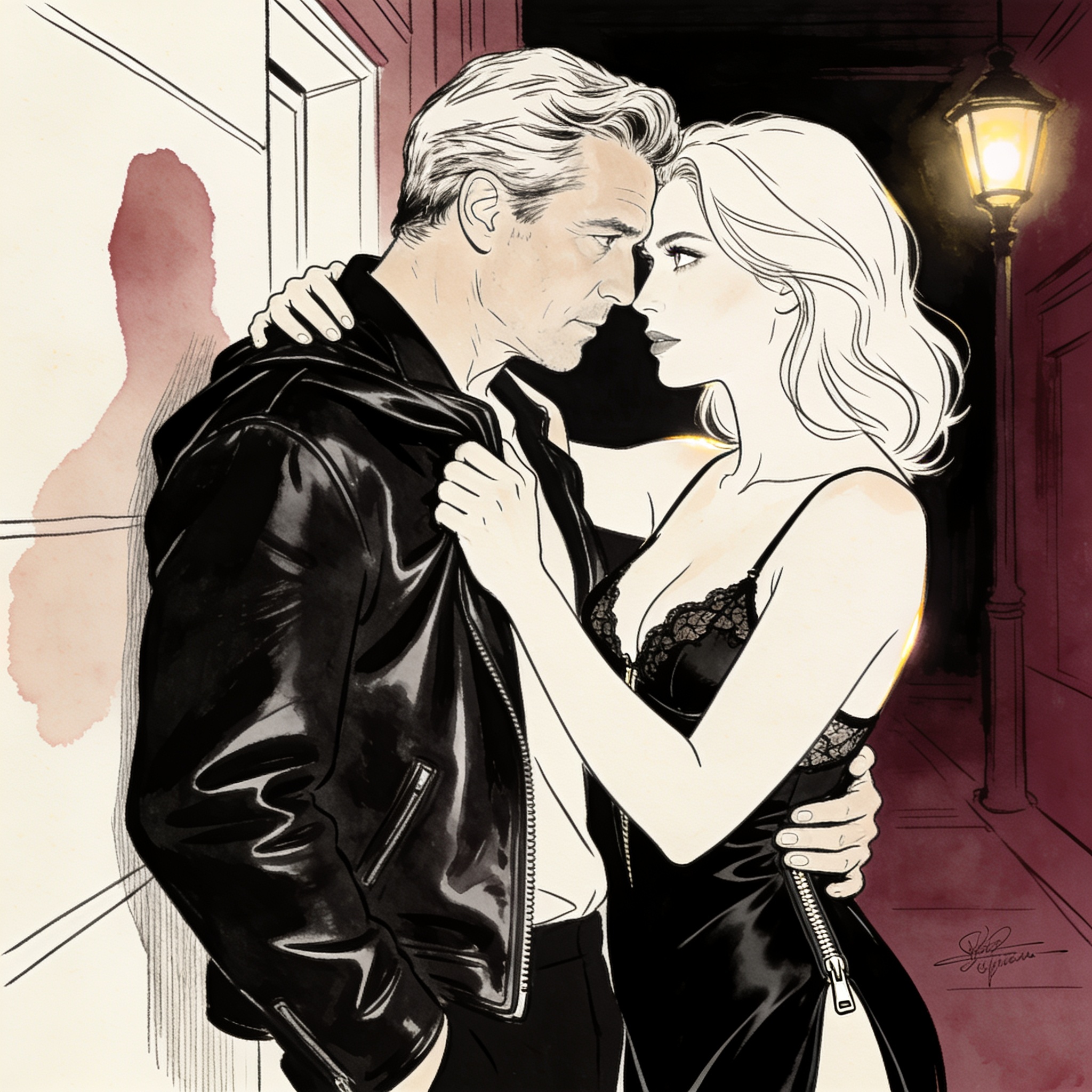 A woman undoes her partner's jacket in a dimly lit hallway, their bodies close.