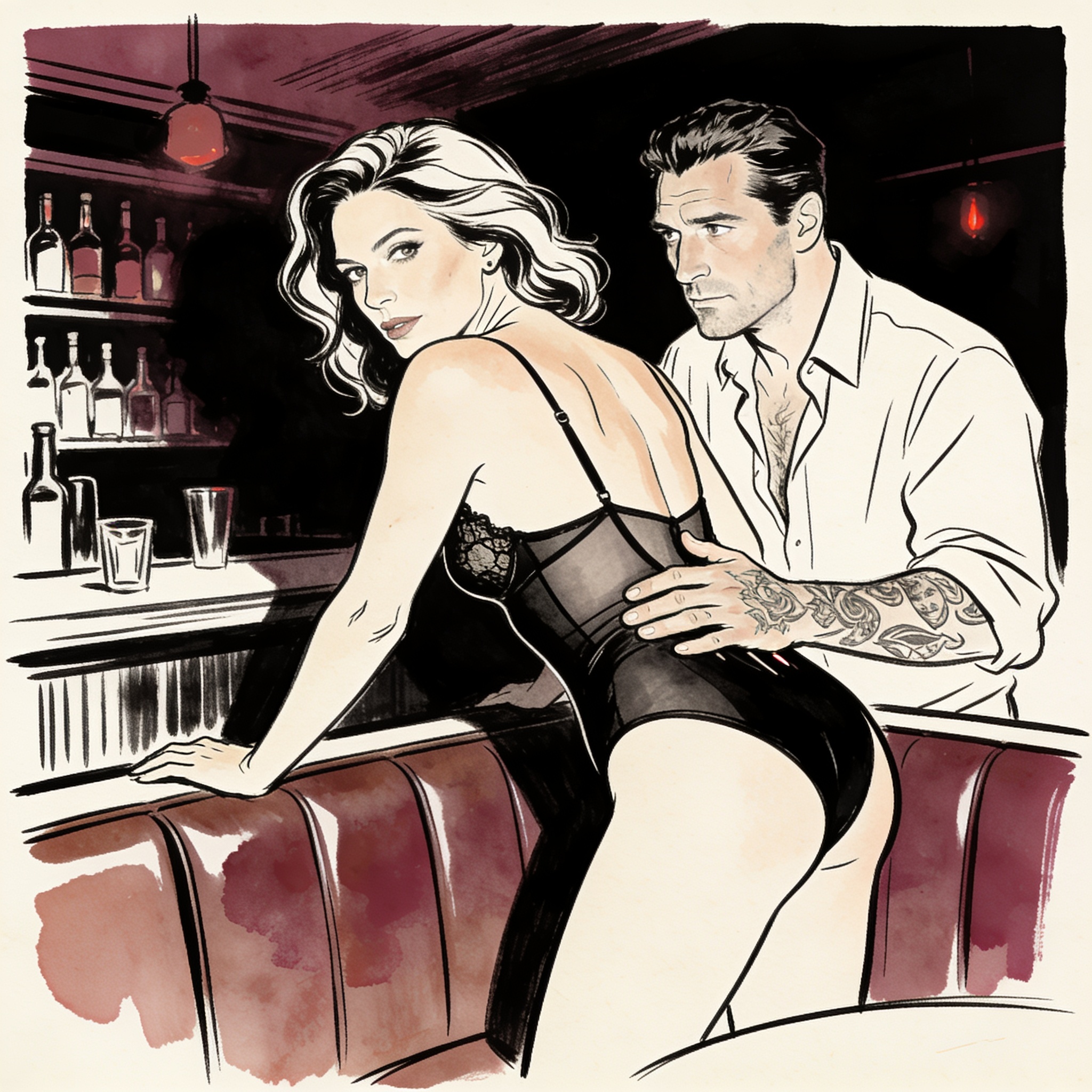 Woman in sheer black lingerie arches her back as a man's hand rests on her waist, watch...