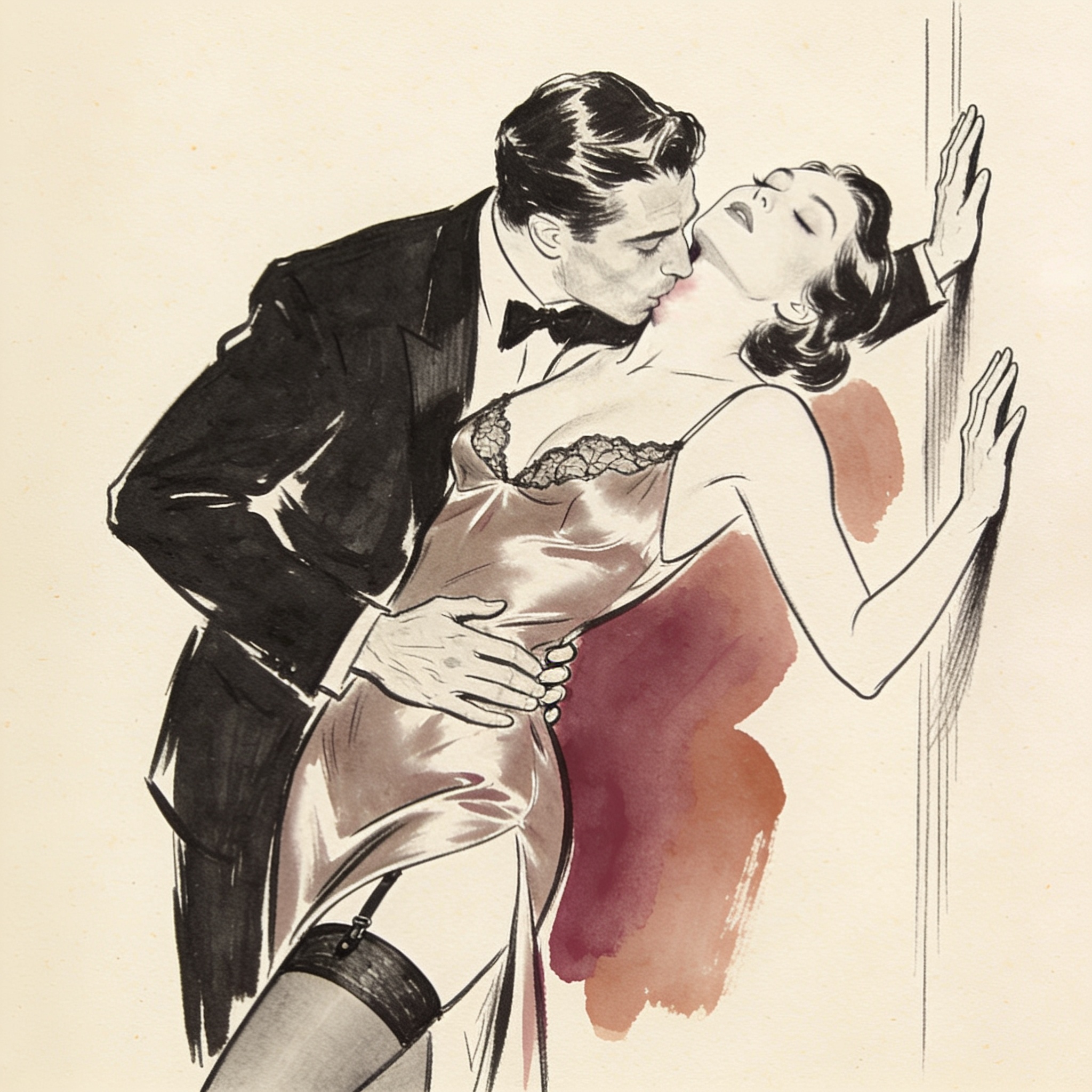 Silhouette of a man kissing a woman's neck as she leans against a wall in lingerie.