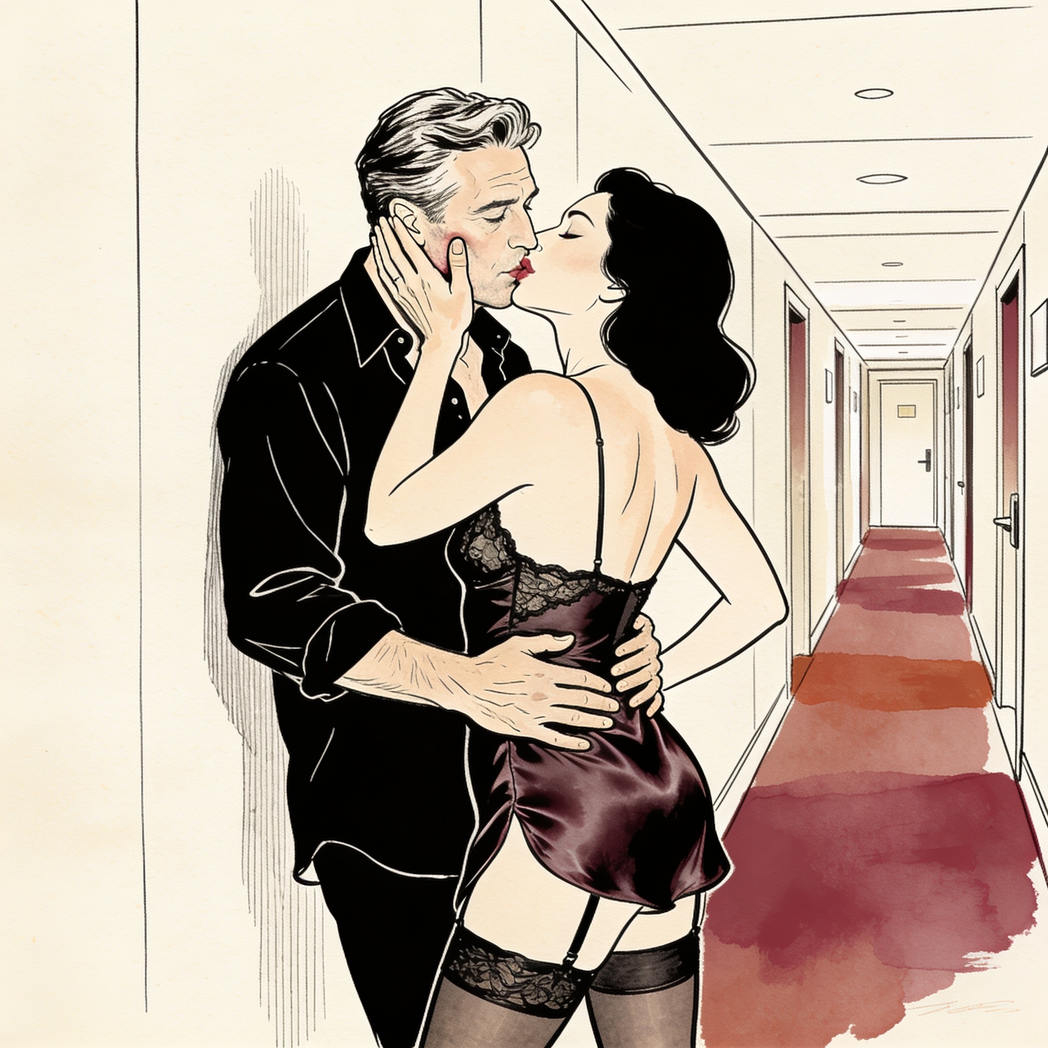Man cups woman's face, thumb on her lips, her back arched in a hotel hallway.