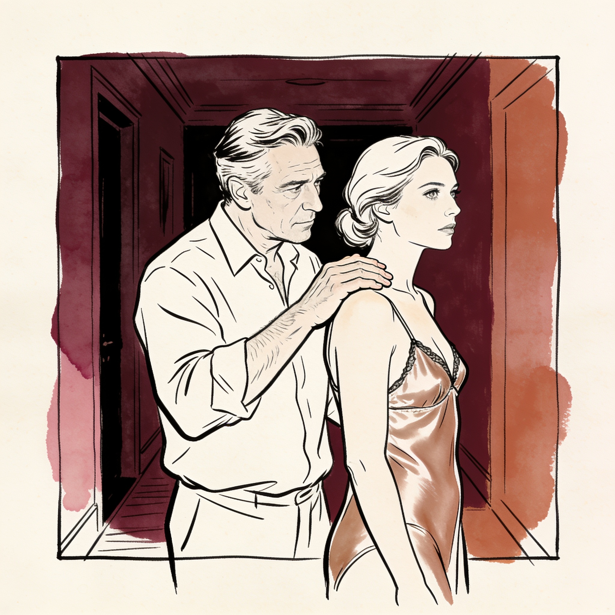 A man's hand on a woman's bare shoulder in a dim hallway, her posture tense.