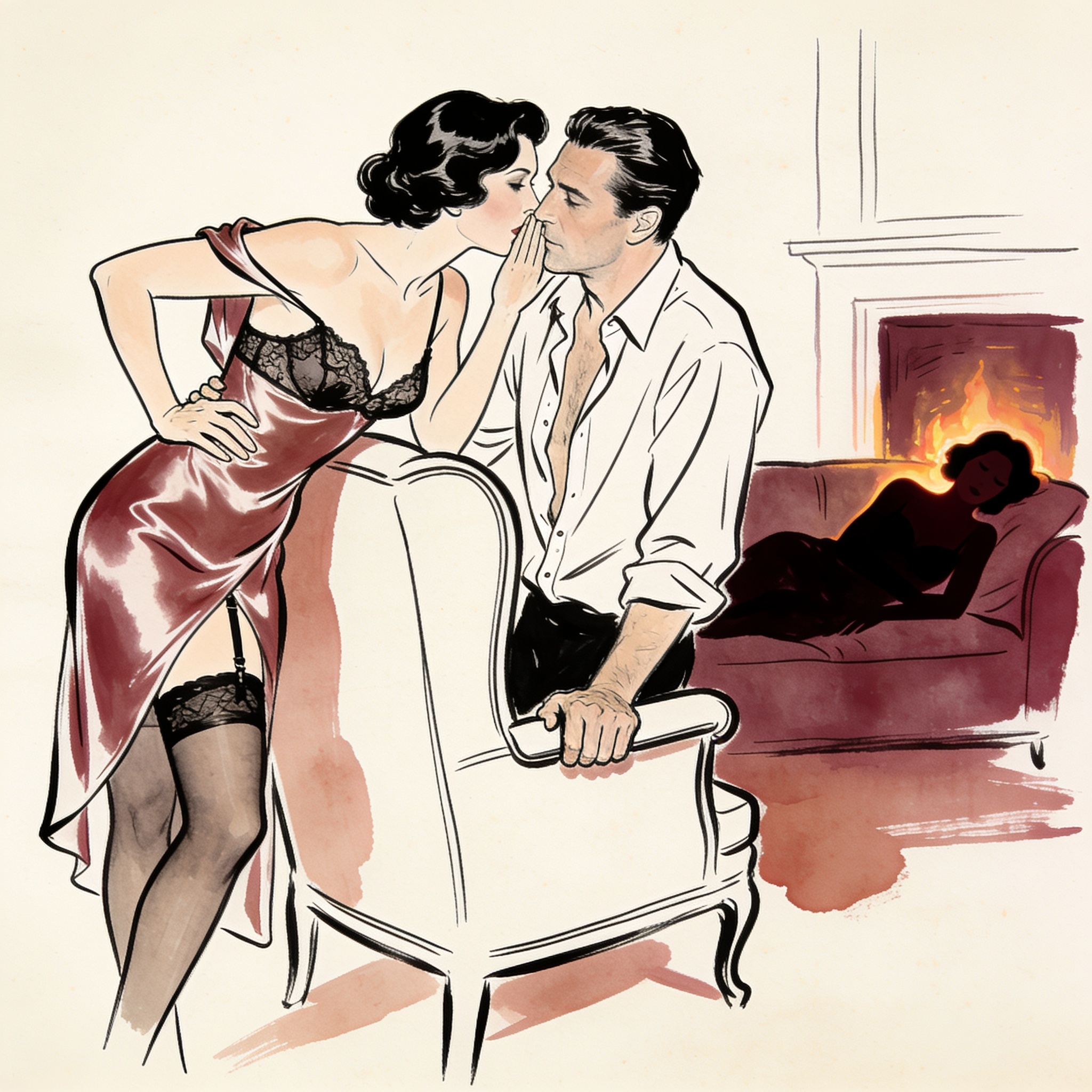 A woman whispers intimately to a man while her sister sleeps nearby.