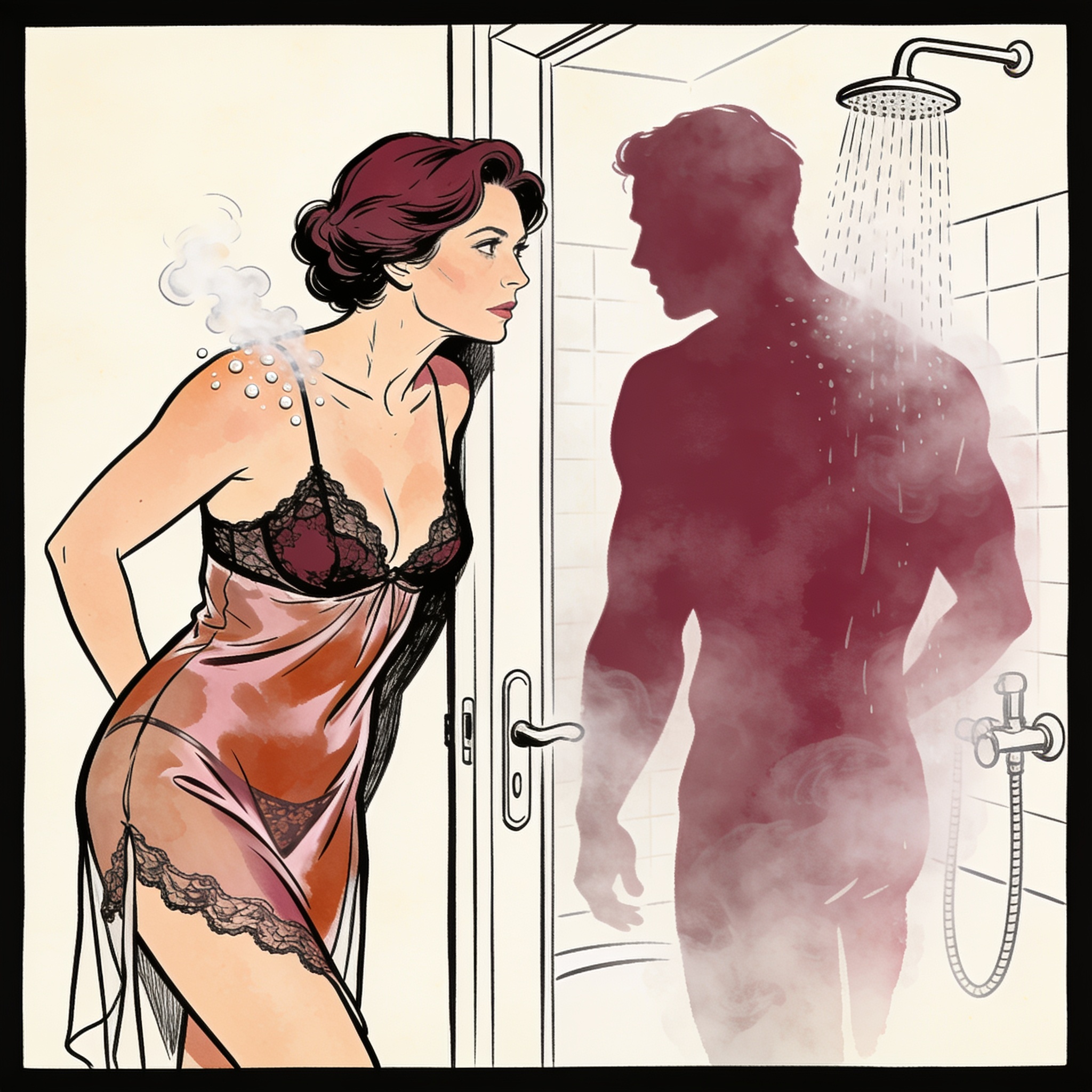 Silhouette of a man in a steamy shower, a woman in a silk slip watches from the doorway.