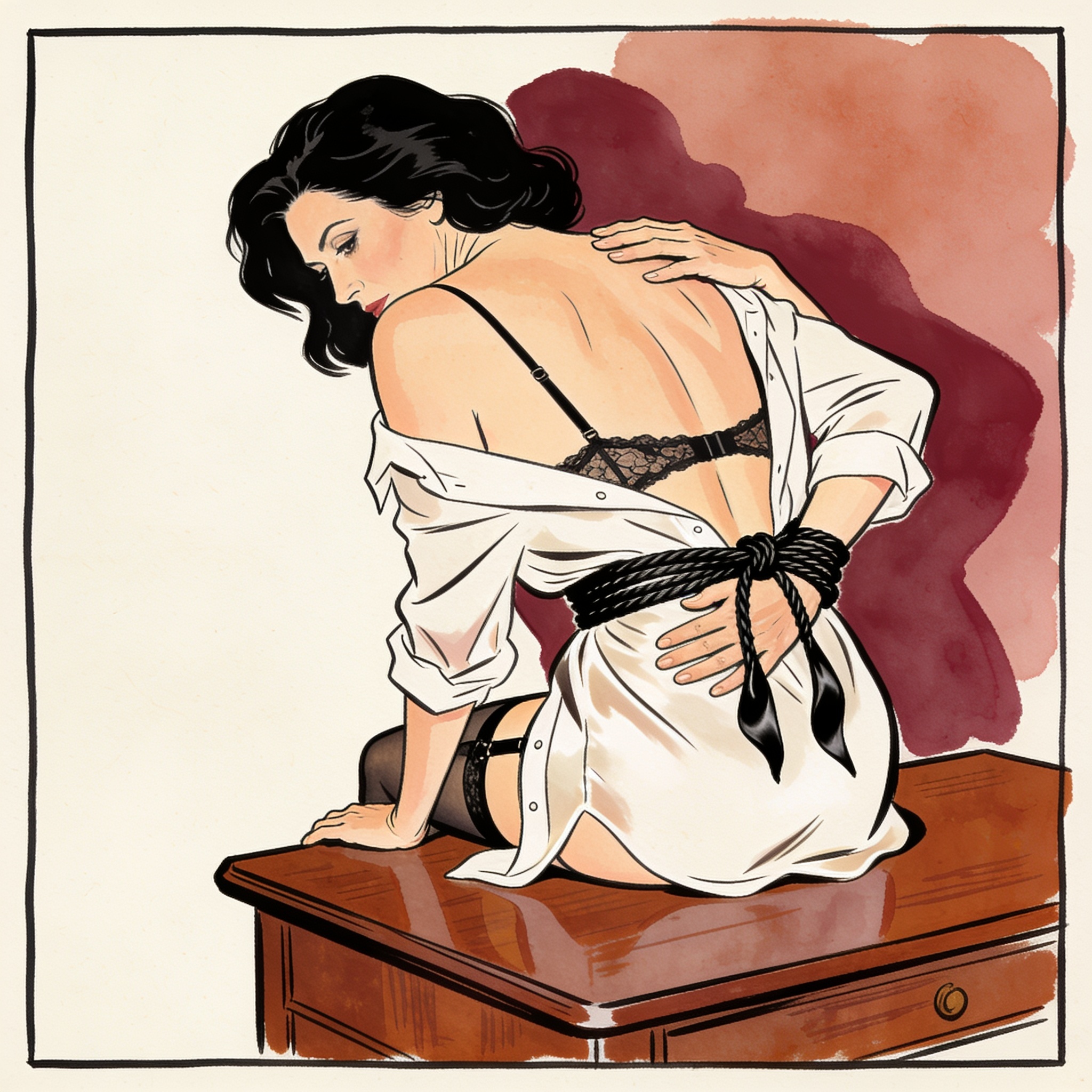 A woman bound at the wrists leans over a desk, her open blouse revealing her back.