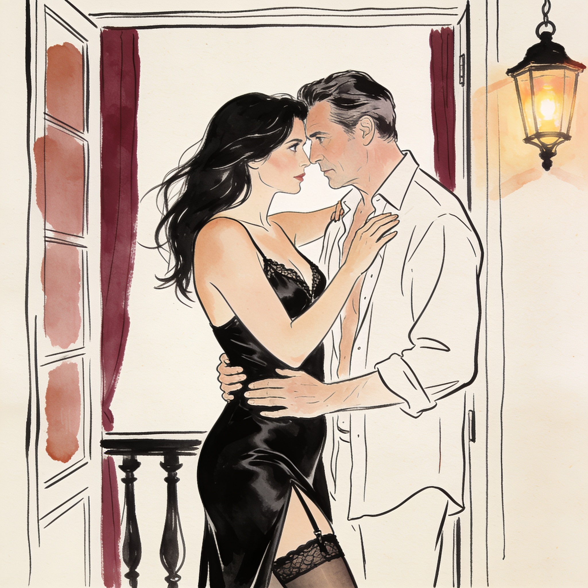 A woman in a black silk slip stands in a doorway, her gaze locked with a man's across a...