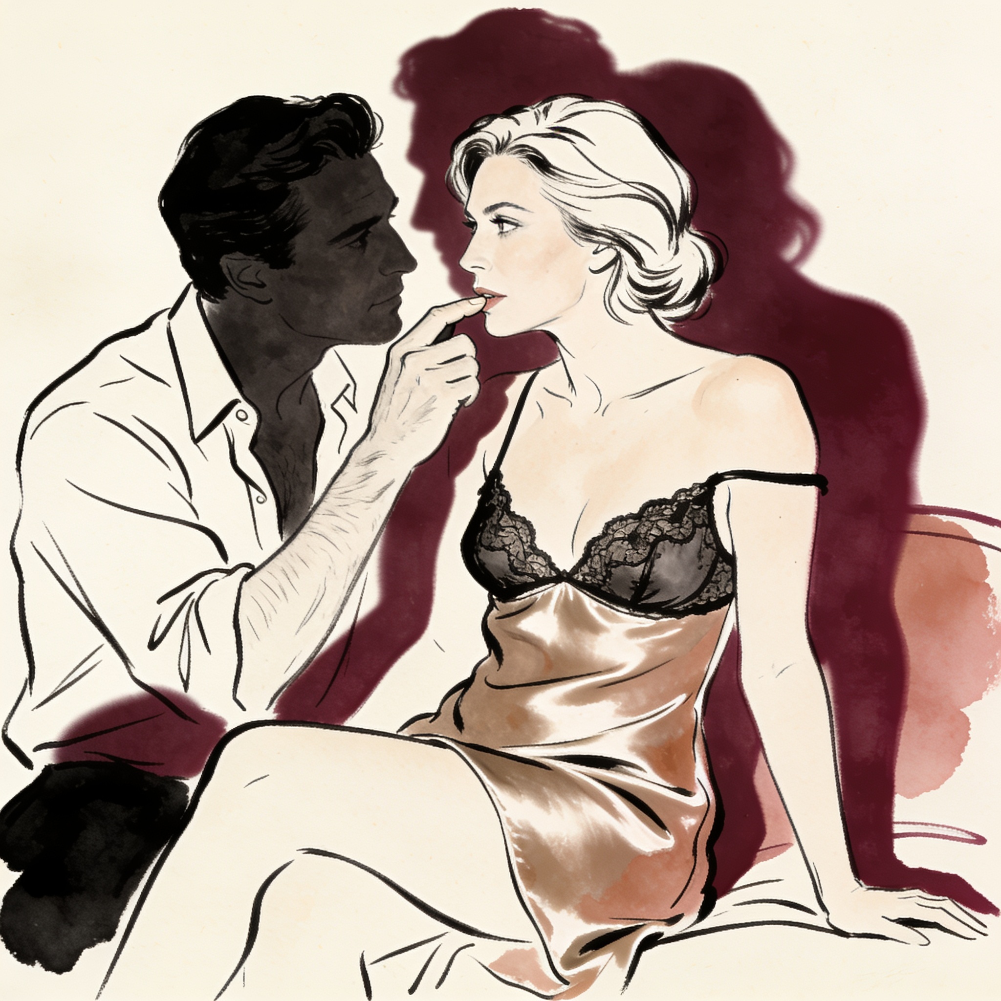 A man's thumb traces a woman's lip in a dimly lit room, tension palpable.
