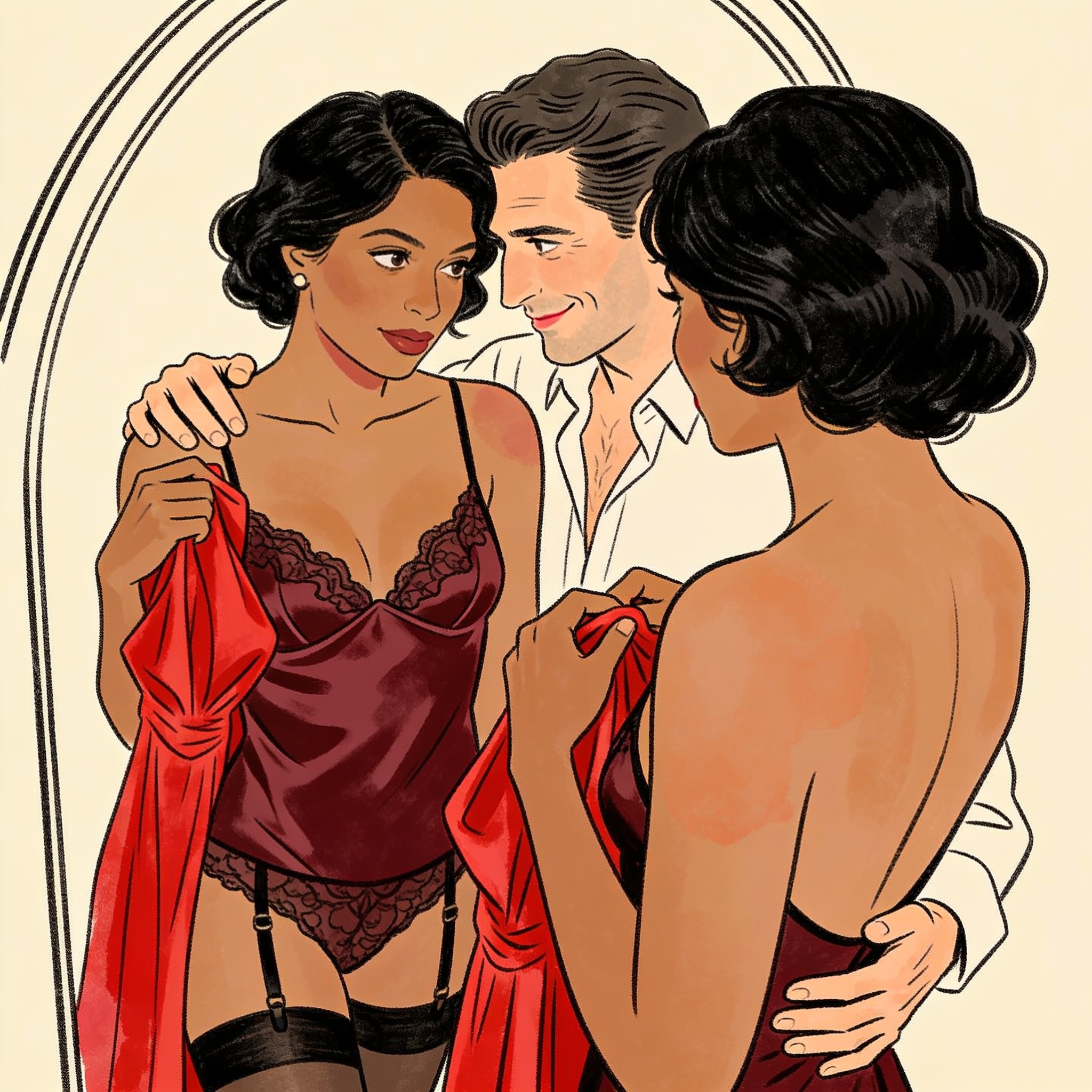 A woman holds a red dress to her chest, sharing a knowing look with her husband in a mi...