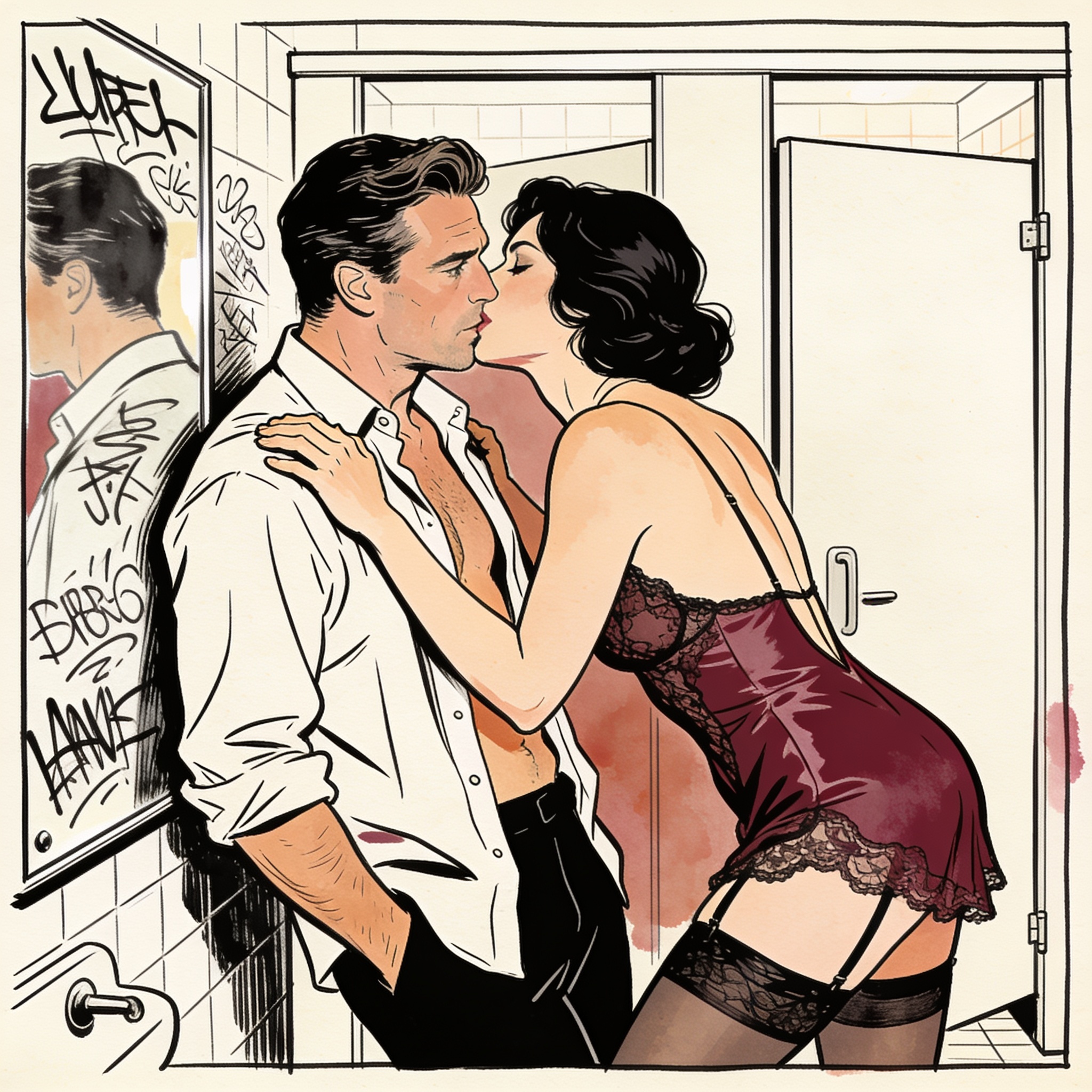 Man watches closed stall as a couple embraces within, tension thick in the dim, graffit...