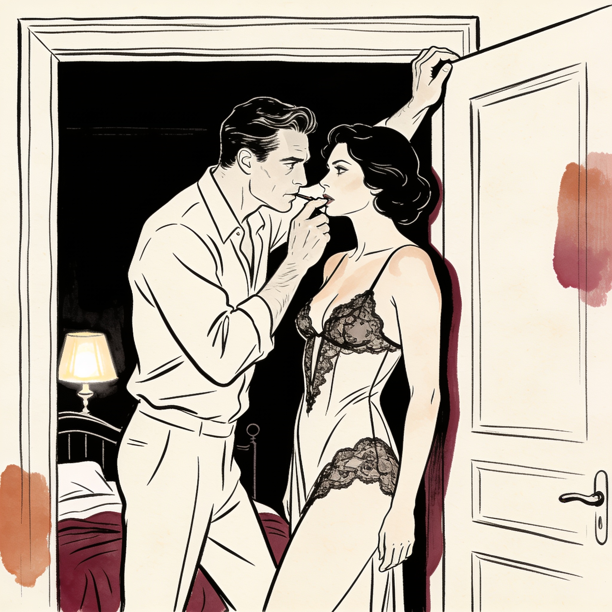 A man's thumb gently touches a woman's lips as they share a tense, intimate gaze.